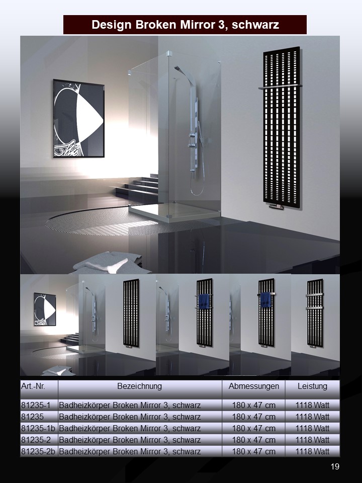 BADHEIZKÖRPER Design broken Mirror 3 180x47cm 1118 Watt schwarz SZAGATO Designheizkörper Handtuchheizkörper mit Mittelanschluss Handtuchwärmer