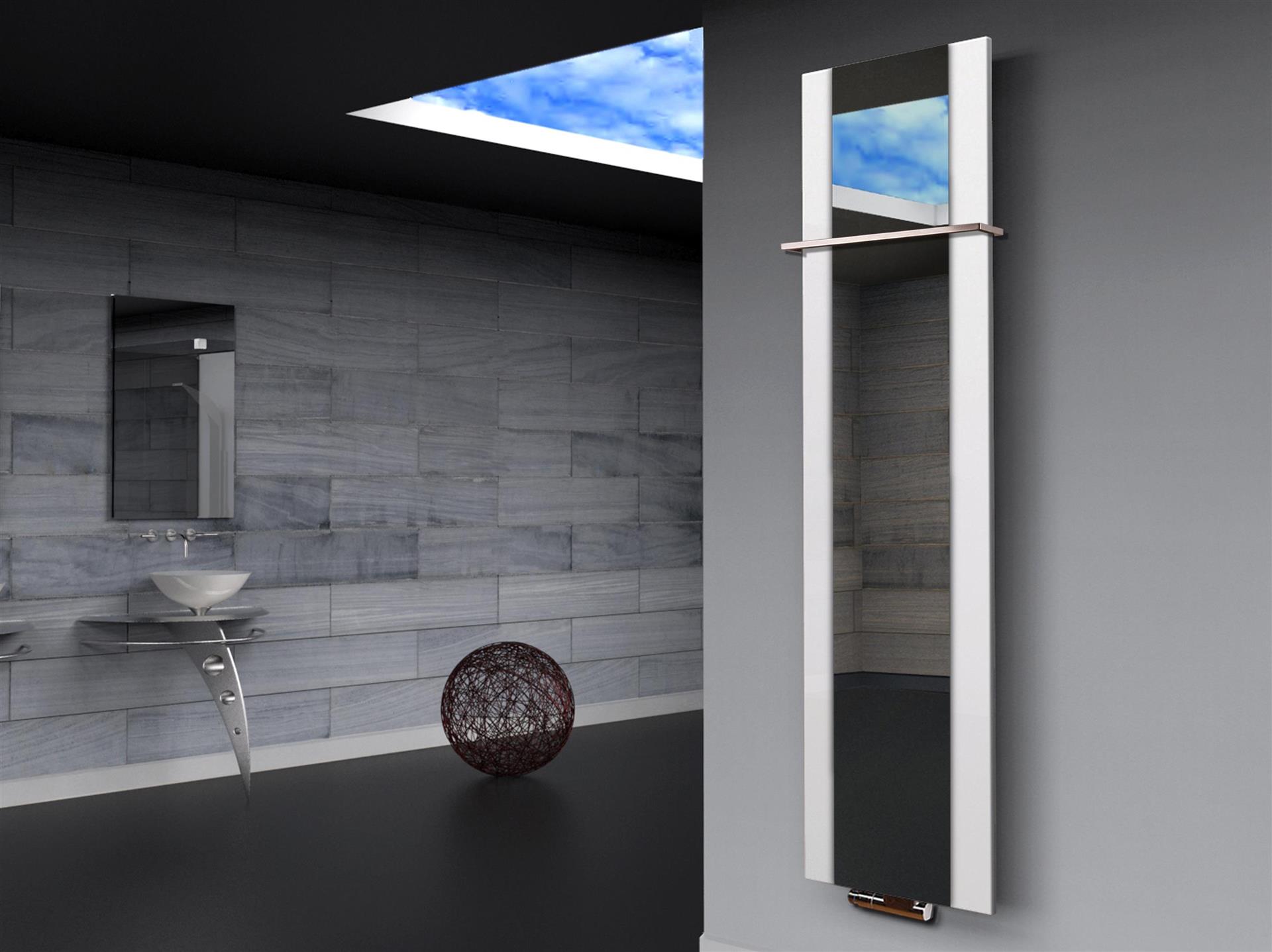 BADHEIZKÖRPER mit Spiegel Design Singapur 3 180x47cm 1118 Watt weiß  (+1 Halter 15mm) SZAGATO Designheizkörper mit Mittelanschluss Handtuchwärmer