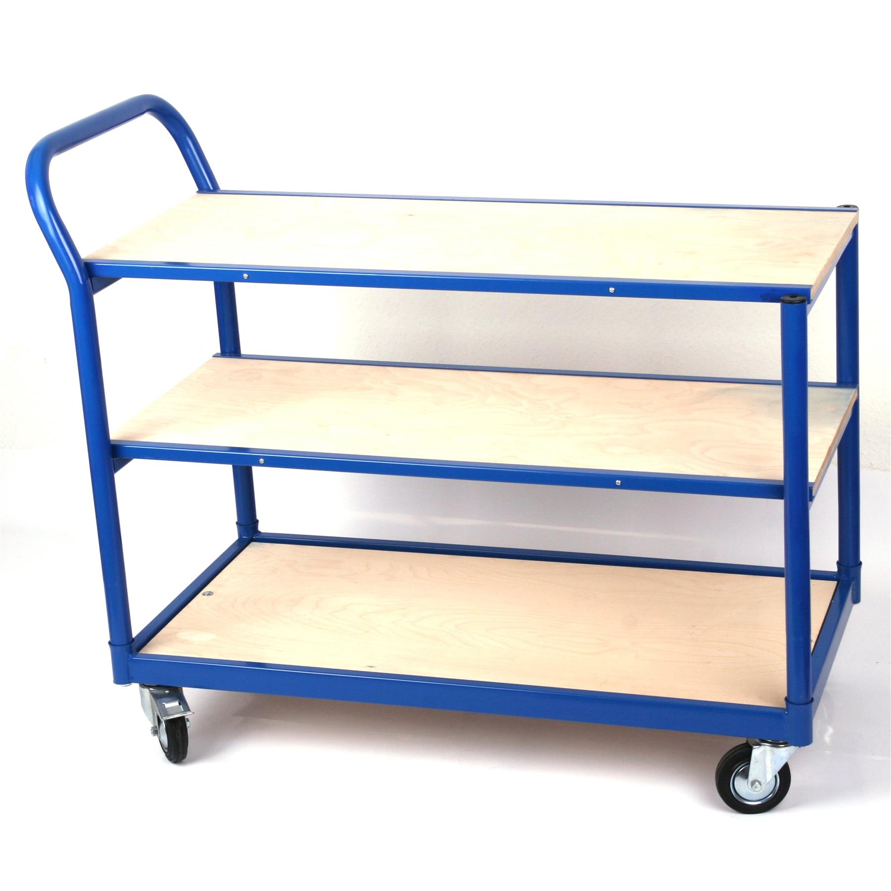250 kg PROFI Schiebebügelwagen100x50cm blau 3 Böden 100x50cm blau SZAGATO Plattformwagen Tischwagen Schiebebügelwagen Rollwagen Rollregal Professional