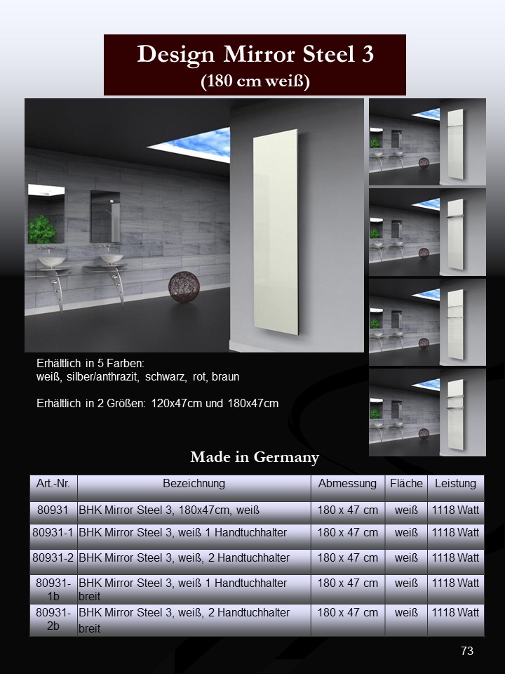 BADHEIZKÖRPER Design Mirror Steel 3 180x47cm 1118 Watt weiß (+2 Halter 30mm) SZAGATO Designheizkörper Handtuchheizkörper mit Mittelanschluss
