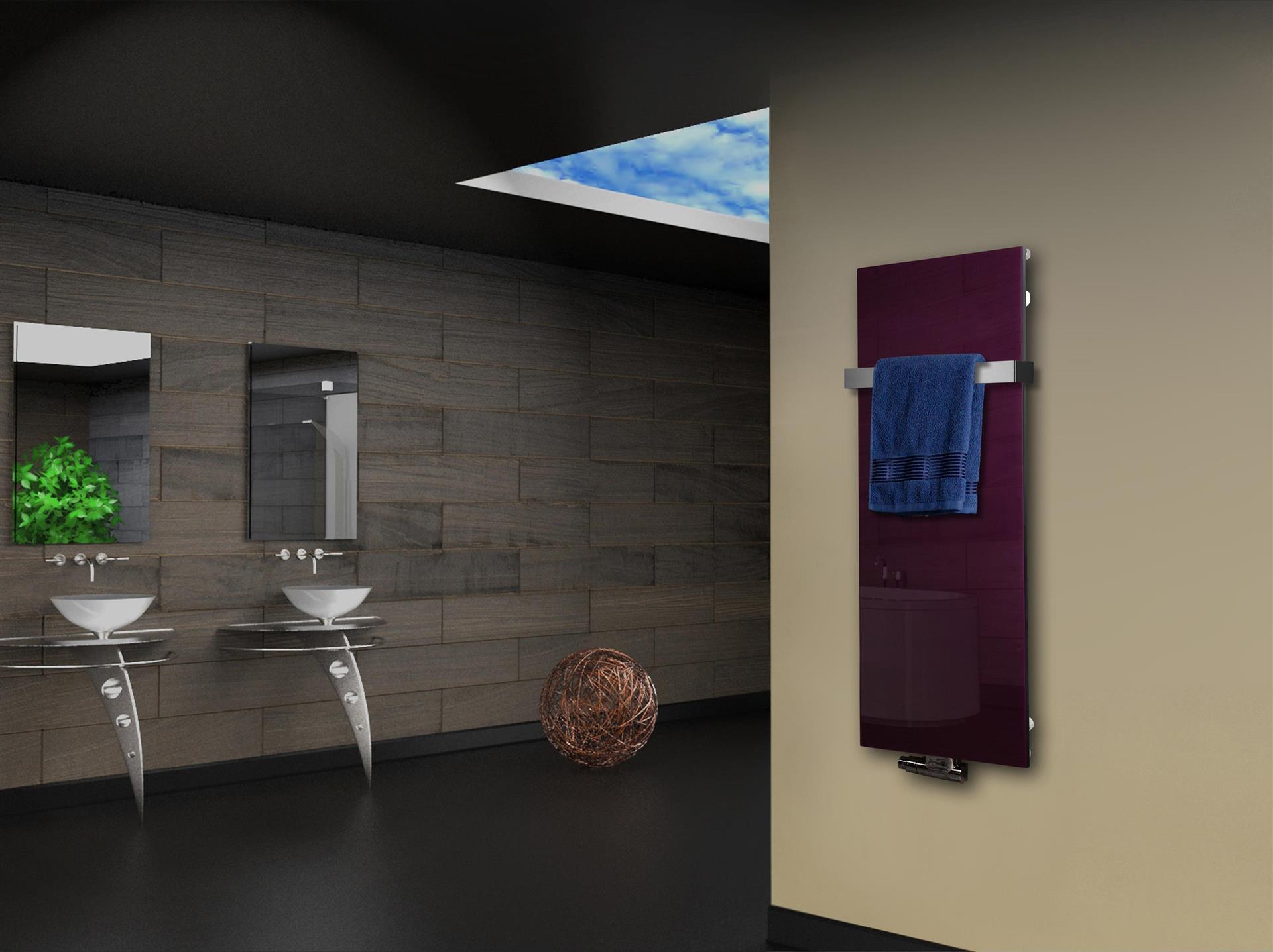 Badheizkörper mit Glas Design Montevideo 2 (Glasfront) 120x47cm 799 Watt violett (+1 Halter 50mm) SZAGATO Designheizkörper mit Mittelanschluss