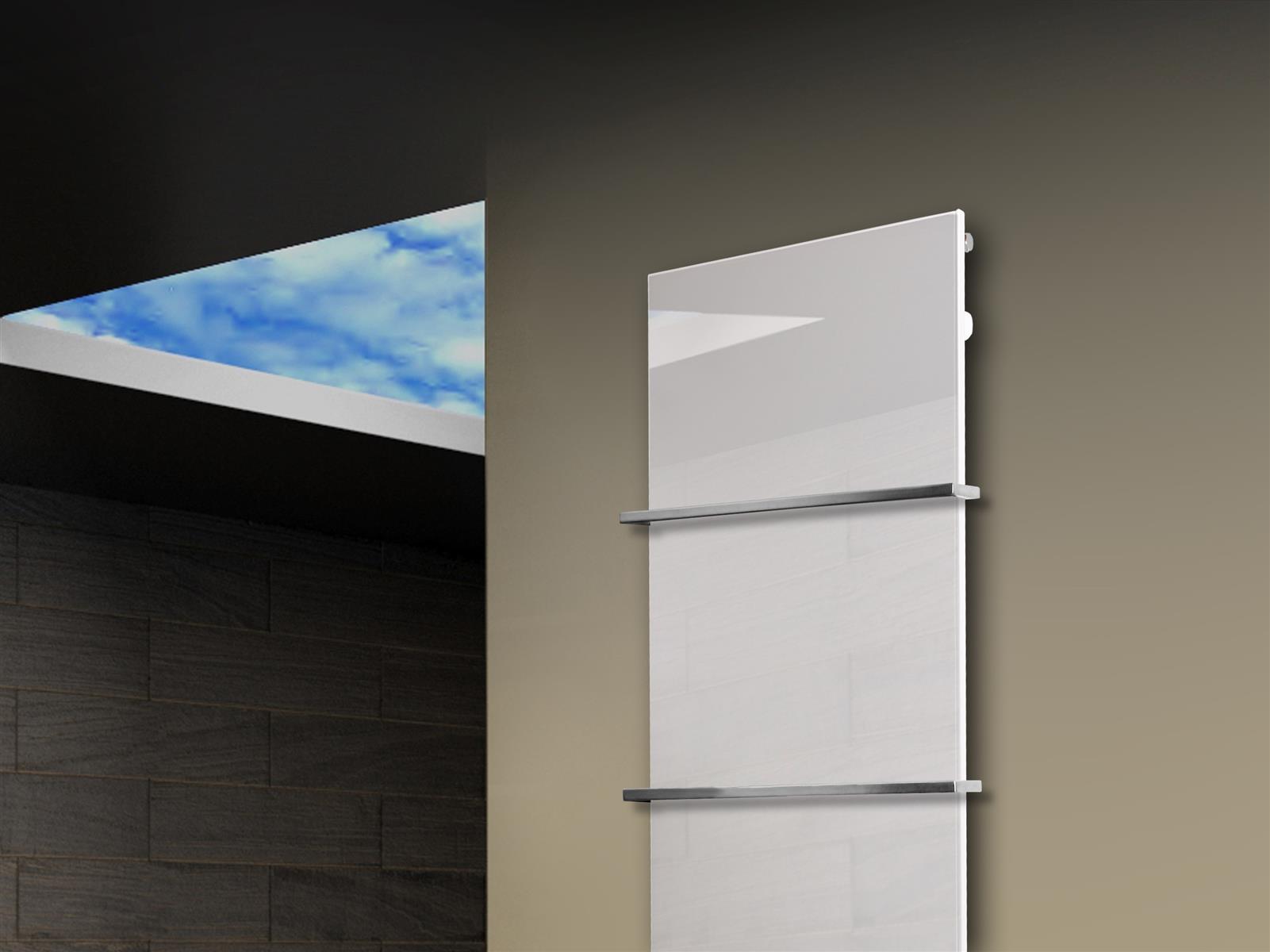 Badheizkörper mit Glas Design Montevideo 3 (Glasfront) 180x47cm 1118 Watt weiß +2 Halter 15mm SZAGATO Designheizkörper Mittelanschluss Handtuchwärmer