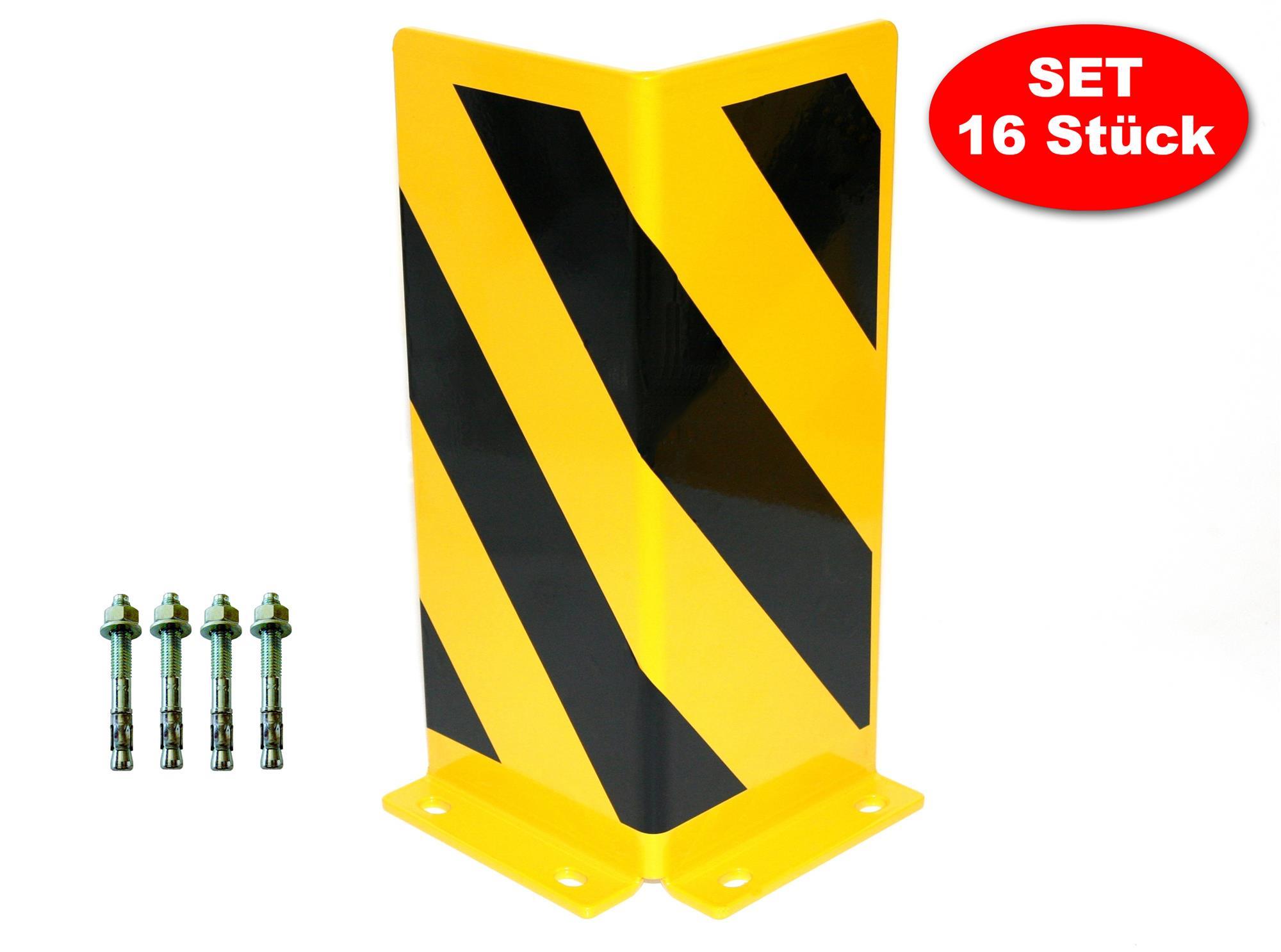 Rammschutz SET (16 Stück) 400x155x240x155x4 mm gerade + 64 Dübel SZAGATO Regal Anfahrschutz Regale Rammschutzbügel Anfahrschutzecke Rammschutzecke