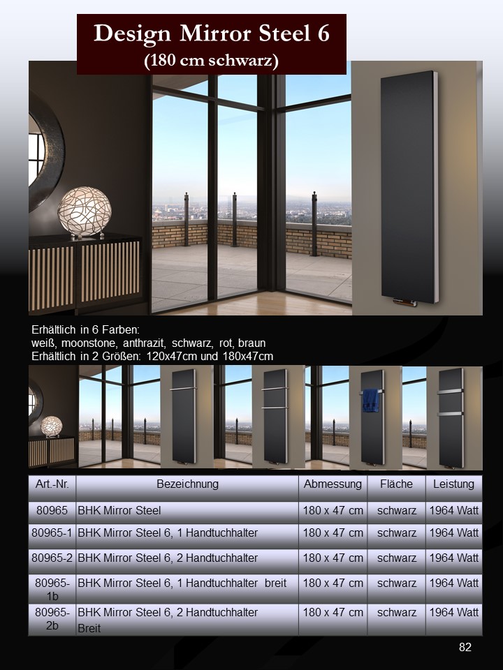 BADHEIZKÖRPER Design Mirror Steel 6 180x47cm 1964 Watt schwarz (+2 Halter 50mm) SZAGATO Designheizkörper Handtuchheizkörper mit Mittelanschluss