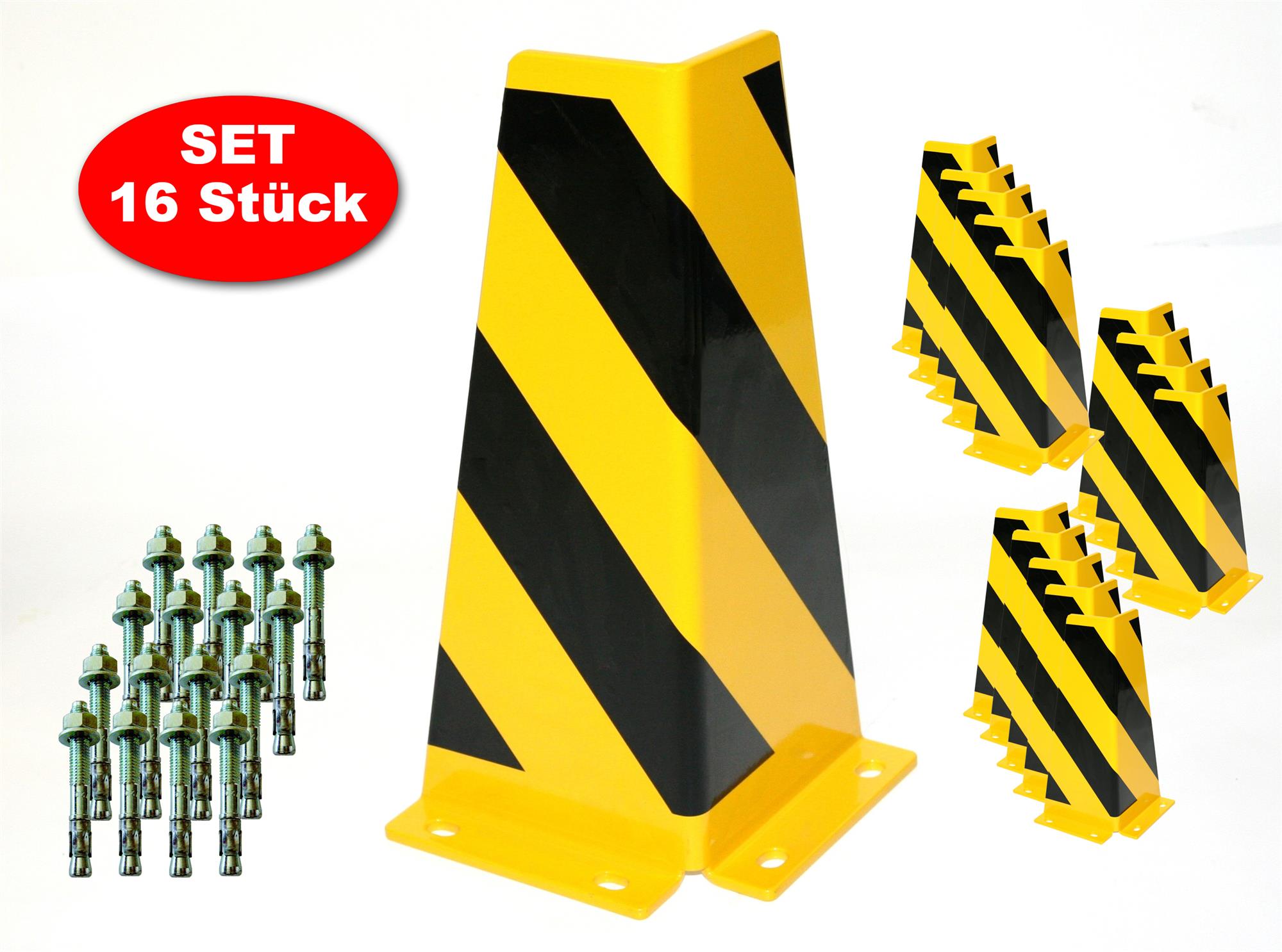 Rammschutz SET (16 Stück) 400x165x165x5 mm konisch + 64 Einschlagdübel SZAGATO Regal Anfahrschutz Regale Rammschutzbügel Rammschutze Anfahrschutze