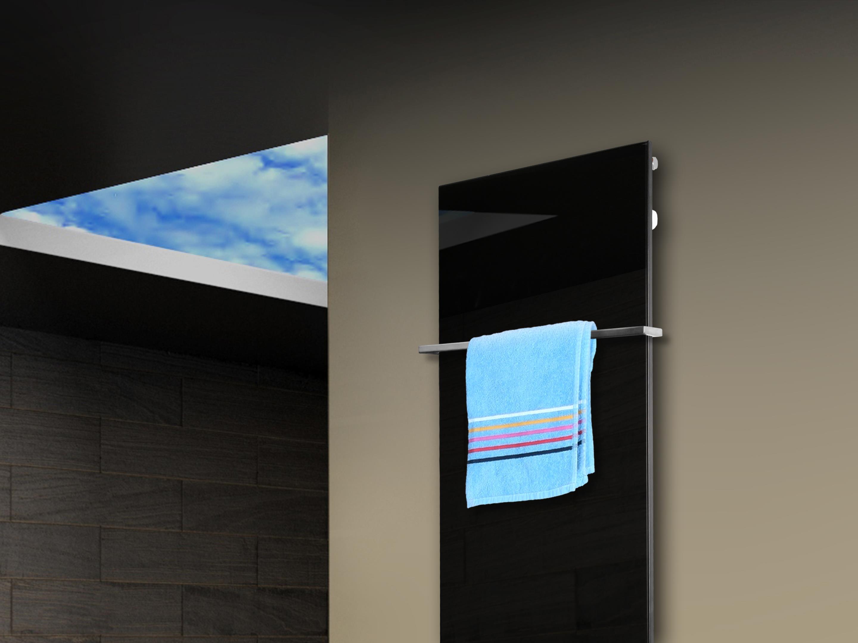 Badheizkörper mit Glas Design Montevideo 3 Glasfront 180x47cm 1118 Watt schwarz (+1 Halter 15mm) SZAGATO Designheizkörper mit Mittelanschluss