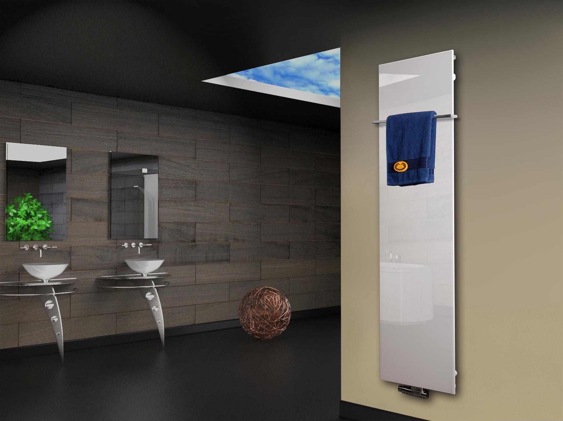 Badheizkörper mit Glas Design Montevideo 3 (Glasfront) 180x47cm 1118 Watt weiß +1 Halter 15mm SZAGATO Designheizkörper Mittelanschluss Handtuchwärmer