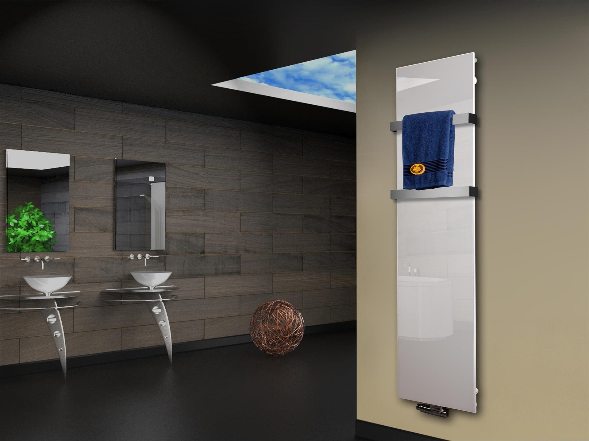 Badheizkörper mit Glas Design Montevideo 3 (Glasfront) 180x47cm 1118 Watt weiß +2 Halter 50mm SZAGATO Designheizkörper Mittelanschluss Handtuchwärmer