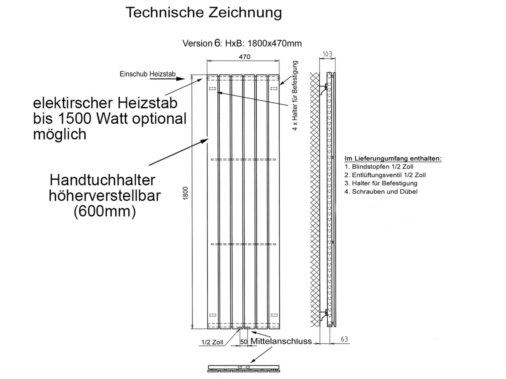 BADHEIZKÖRPER Design Peking 6 180x47cm 1964 Watt moonstone (+2 Knopfhalter) SZAGATO Designheizkörper Handtuchheizkörper mit Mittelanschluss Handtuchwärmer
