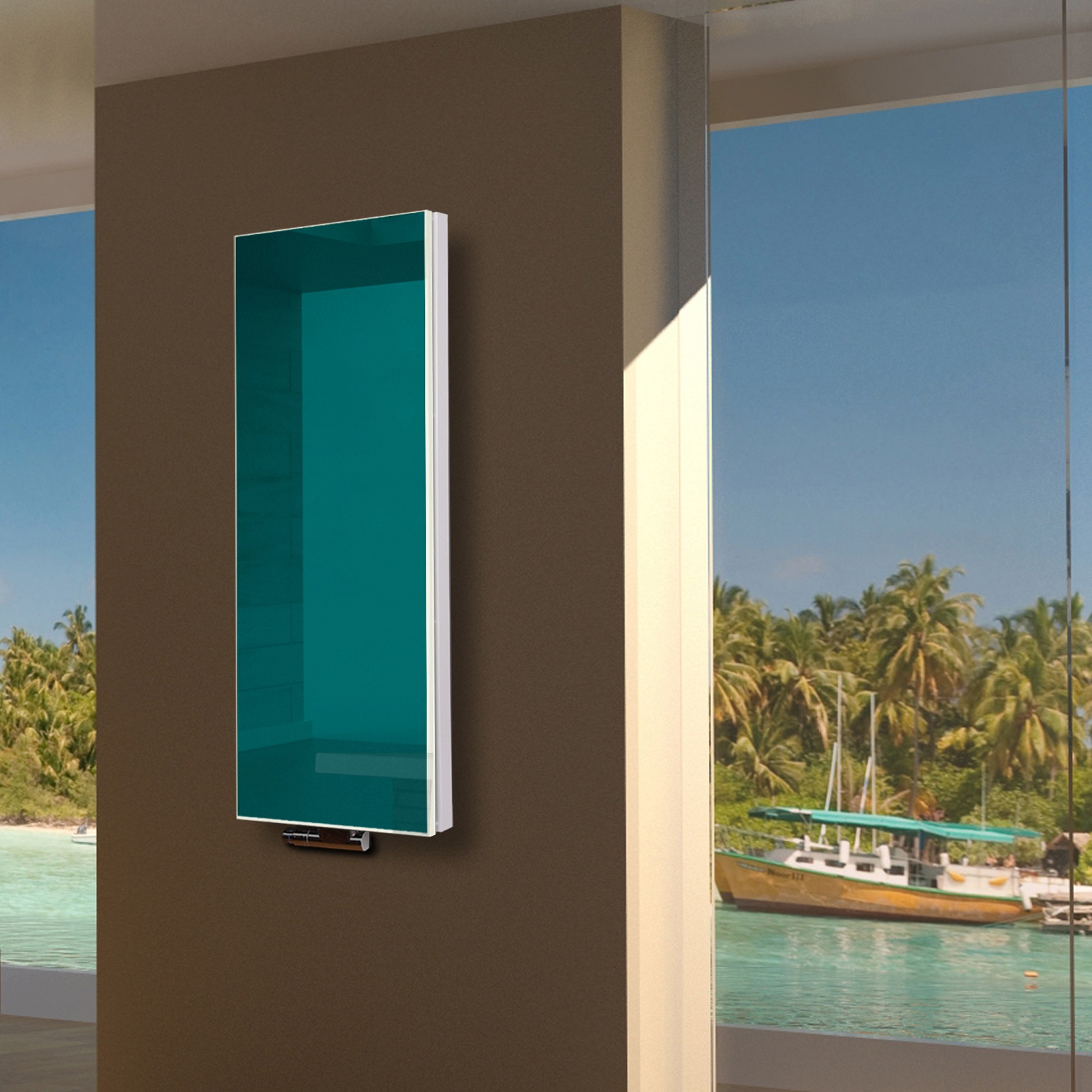 BADHEIZKÖRPER mit Glas Montevideo 5 Glasfront 120x47cm 1458Watt türkis SZAGATO Designheizkörper Handtuchheizkörper mit Mittelanschluss Handtuchwärmer