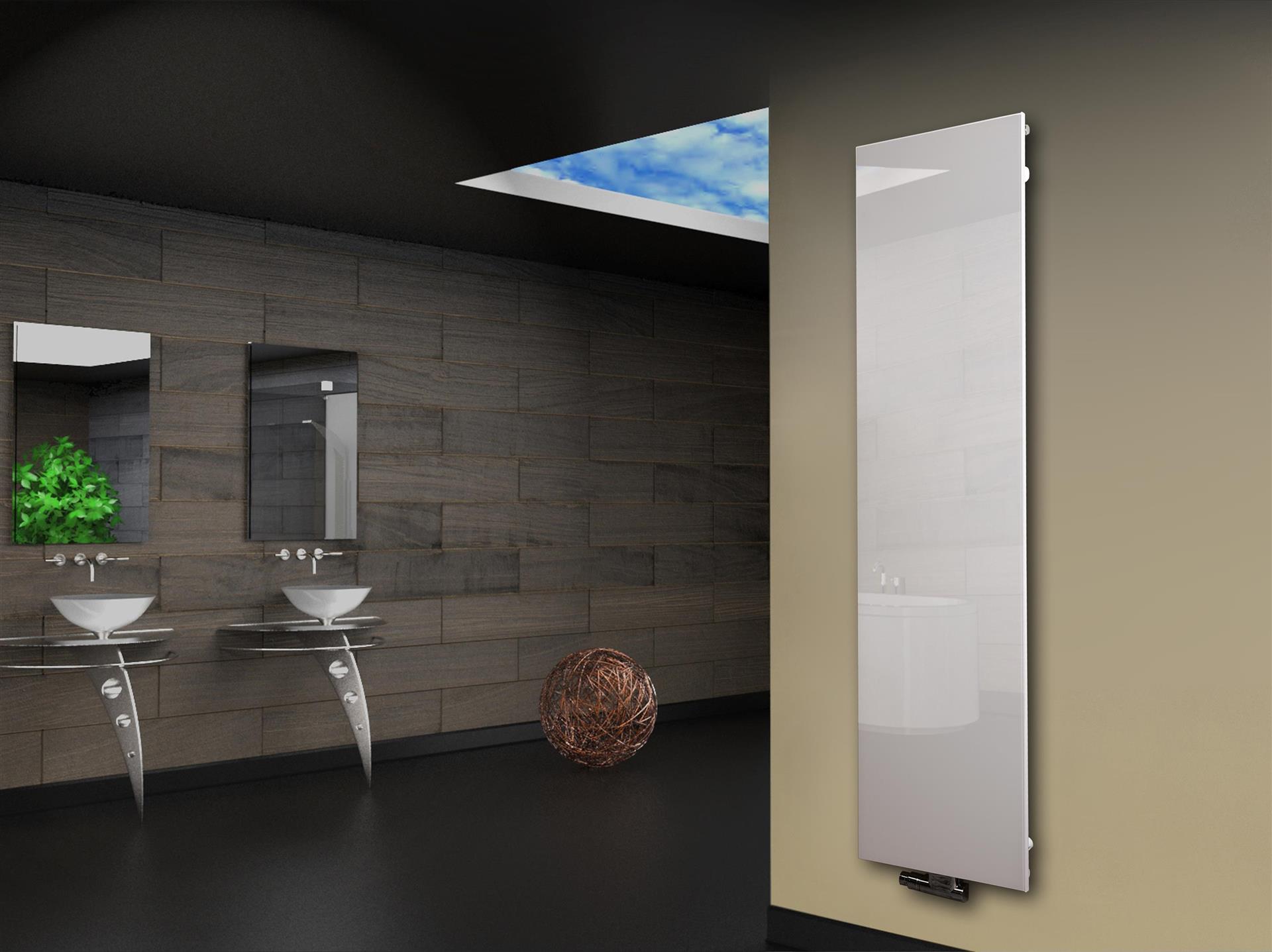 Badheizkörper mit Glas Design Montevideo 3 Glasfront 180x47cm 1118 Watt weiß SZAGATO Heizkörper Handtuchheizkörper mit Mittelanschluss Handtuchwärmer