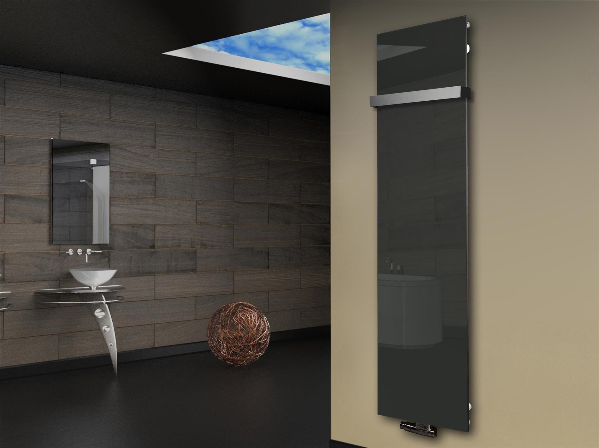 Badheizkörper mit Glas Design Montevideo 3 Glasfront 180x47cm 1118 Watt anthrazit - moon +1 Halter 50mm SZAGATO Designheizkörper mit Mittelanschluss