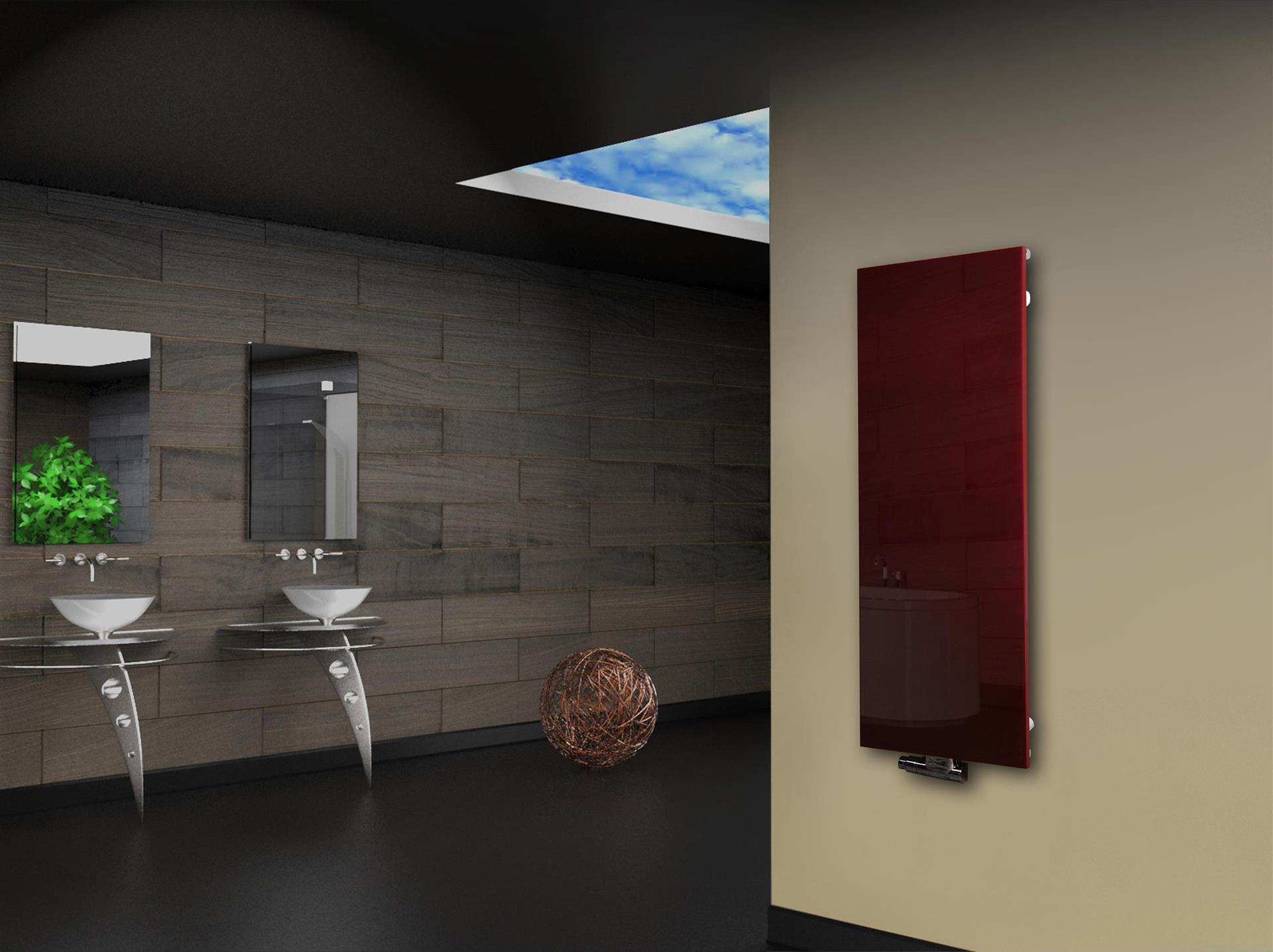 Badheizkörper mit Glas Design Montevideo 2 Glasfront 120x47cm 799 Watt rot SZAGATO Heizkörper Handtuchheizkörper mit Mittelanschluss Handtuchwärmer