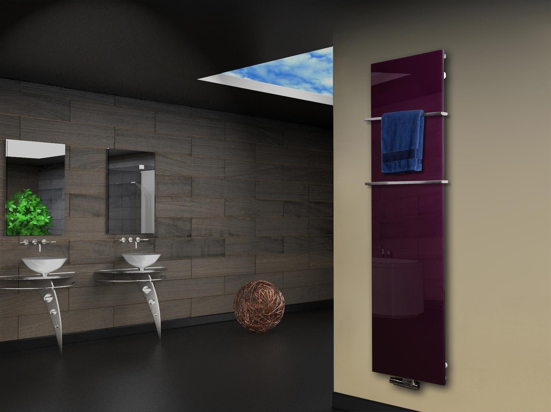 Badheizkörper mit Glas Design Montevideo 3 Glasfront 180x47cm 1118 Watt violett (+2 Halter 15mm) SZAGATO Designheizkörper mit Mittelanschluss