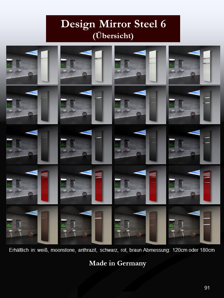 BADHEIZKÖRPER Design Mirror Steel 6 180x47cm 1964 Watt schwarz (+2 Halter 15mm) SZAGATO Designheizkörper Handtuchheizkörper mit Mittelanschluss