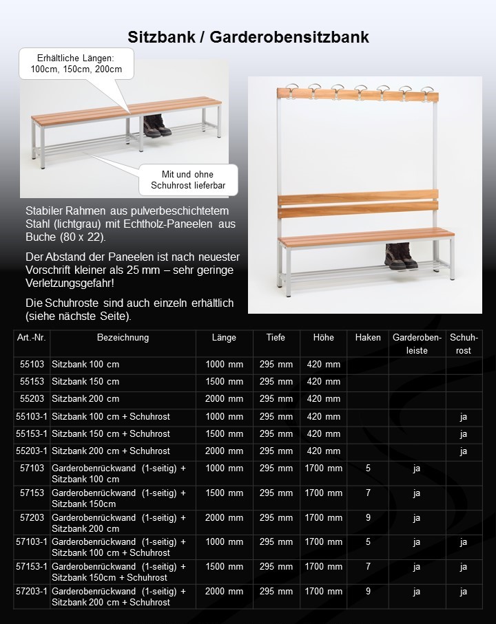 Garderobenbank mit Haken 1-seitig HxBxT 170x100x30cm Marke SZAGATO Umkleidebank Umkleide Sitzbank Garderobe mit Sitzbank Garderoben Bank