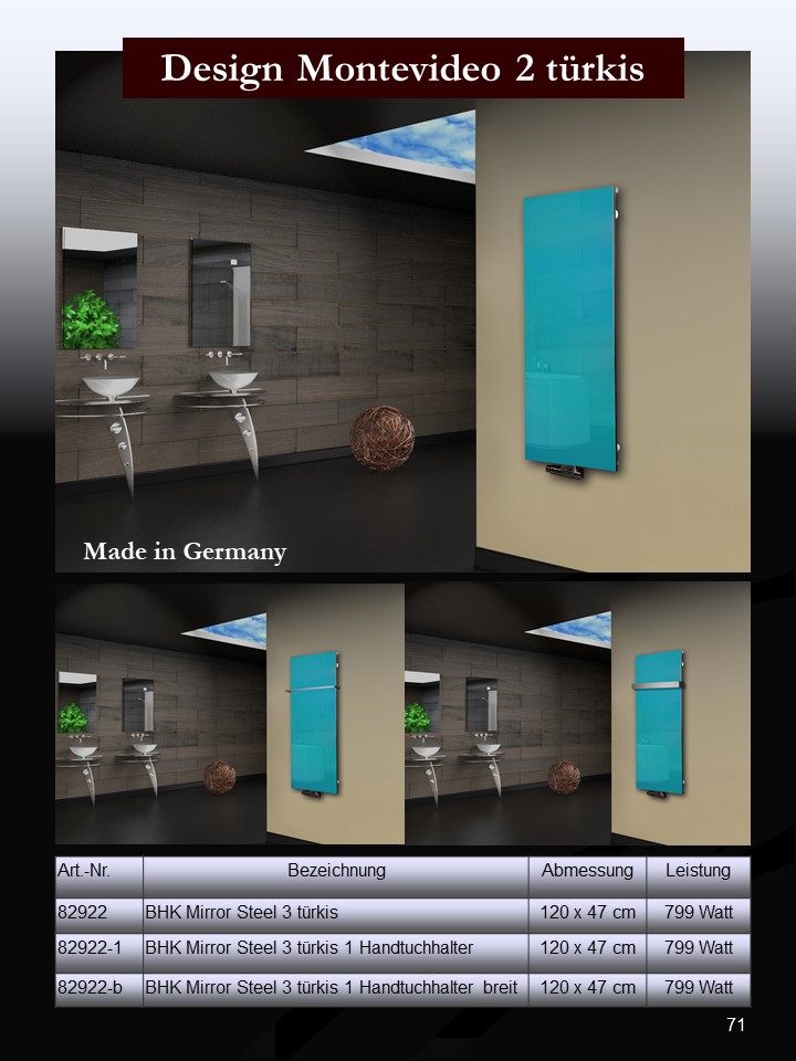 Badheizkörper mit Glas Design Montevideo 2 Glasfront 120x47cm 799Watt türkis SZAGATO Heizkörper Handtuchheizkörper mit Mittelanschluss Handtuchwärmer