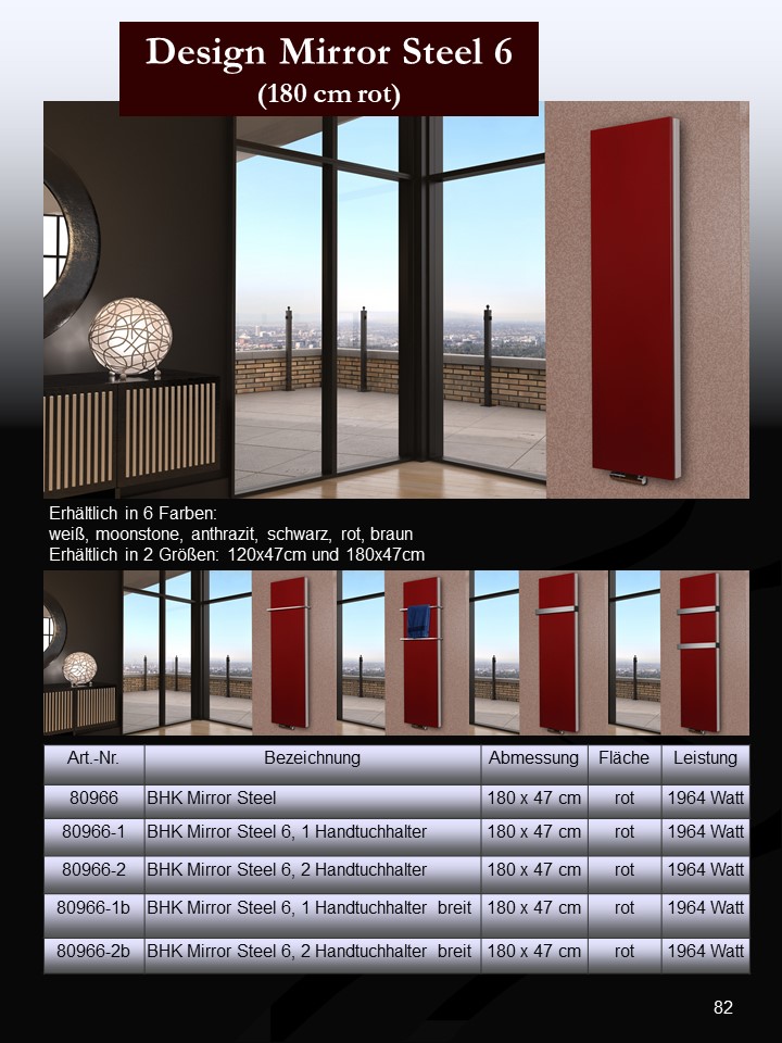 BADHEIZKÖRPER Design Mirror Steel 6 180x47cm 1964Watt rot (+2 Halter 50mm) SZAGATO Designheizkörper Handtuchheizkörper Mittelanschluss Handtuchwärmer