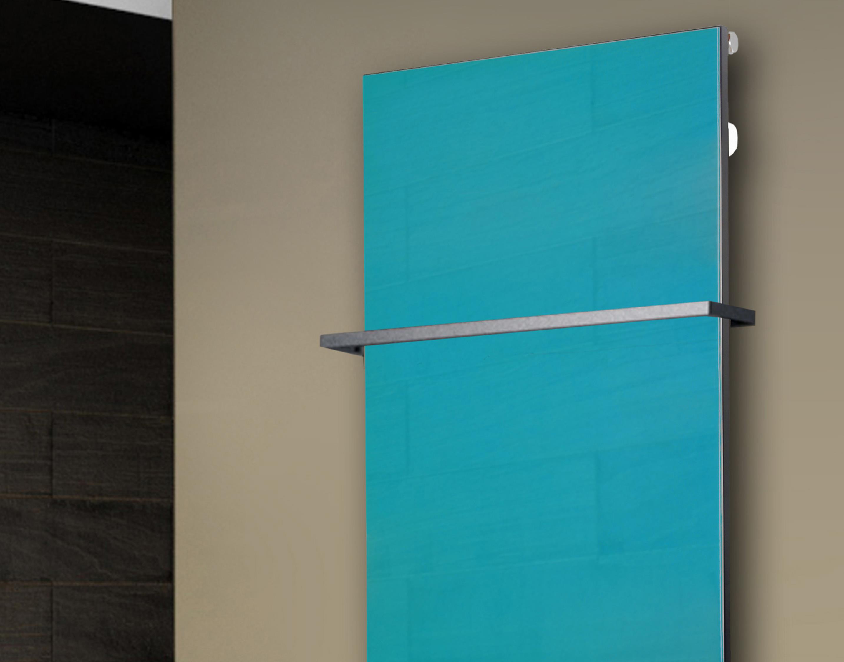 Badheizkörper mit Glas Design Montevideo 2 Glasfront 120x47cm 799 Watt türkis +1 Halter 15mm SZAGATO Designheizkörper Mittelanschluss Handtuchwärmer