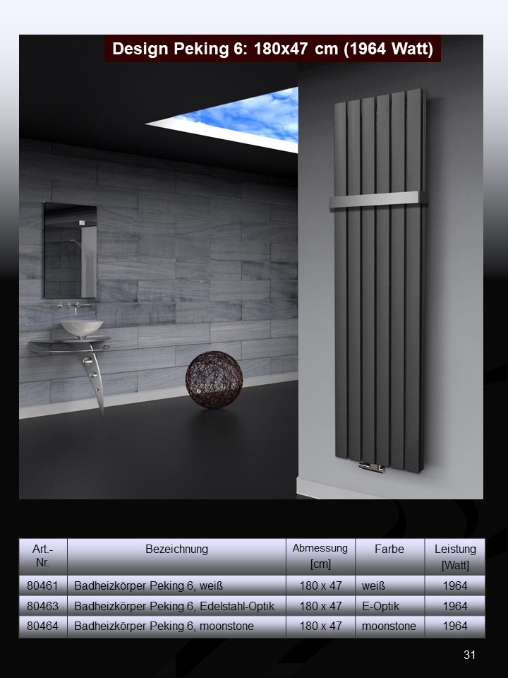 BADHEIZKÖRPER Design Peking 6 180x47cm 1964 Watt moonstone (+2 Knopfhalter) SZAGATO Designheizkörper Handtuchheizkörper mit Mittelanschluss Handtuchwärmer