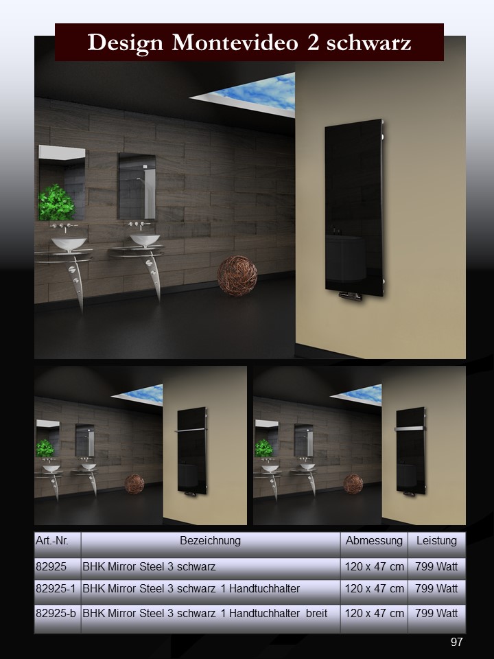 Badheizkörper mit Glas Design Montevideo 2 Glasfront 120x47cm 799 Watt schwarz SZAGATO Heizkörper Handtuchheizkörper Mittelanschluss Handtuchwärmer