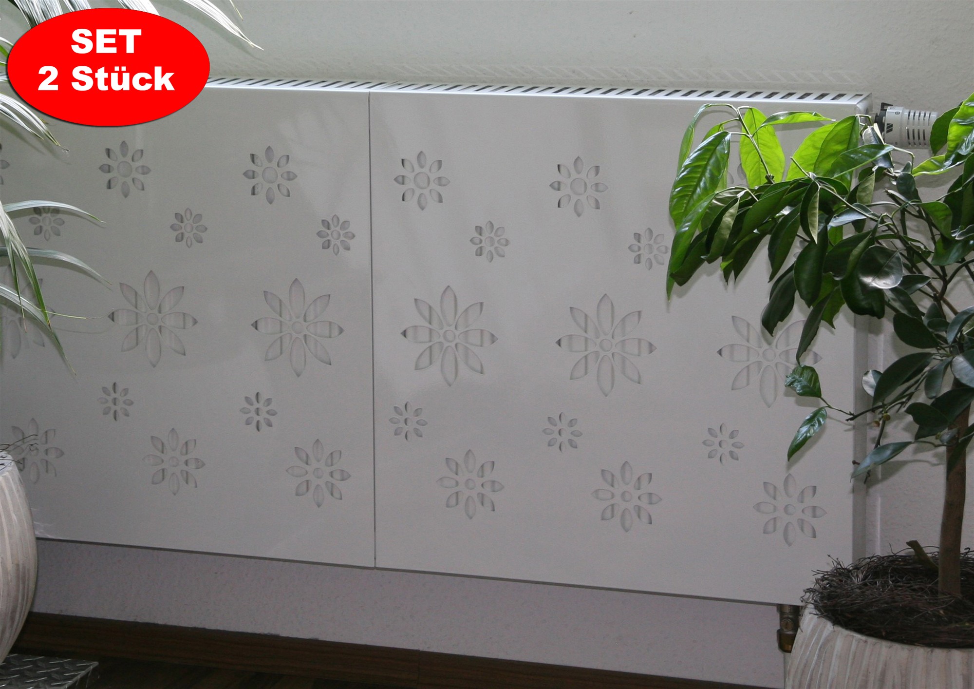 Heizkörperverkleidung 60 x 60cm Design Flower weiß (SET=2 Stück) SZAGATO Heizungsverkleidung  Verkleidung Heizkörper Abdeckung für Heizkörper