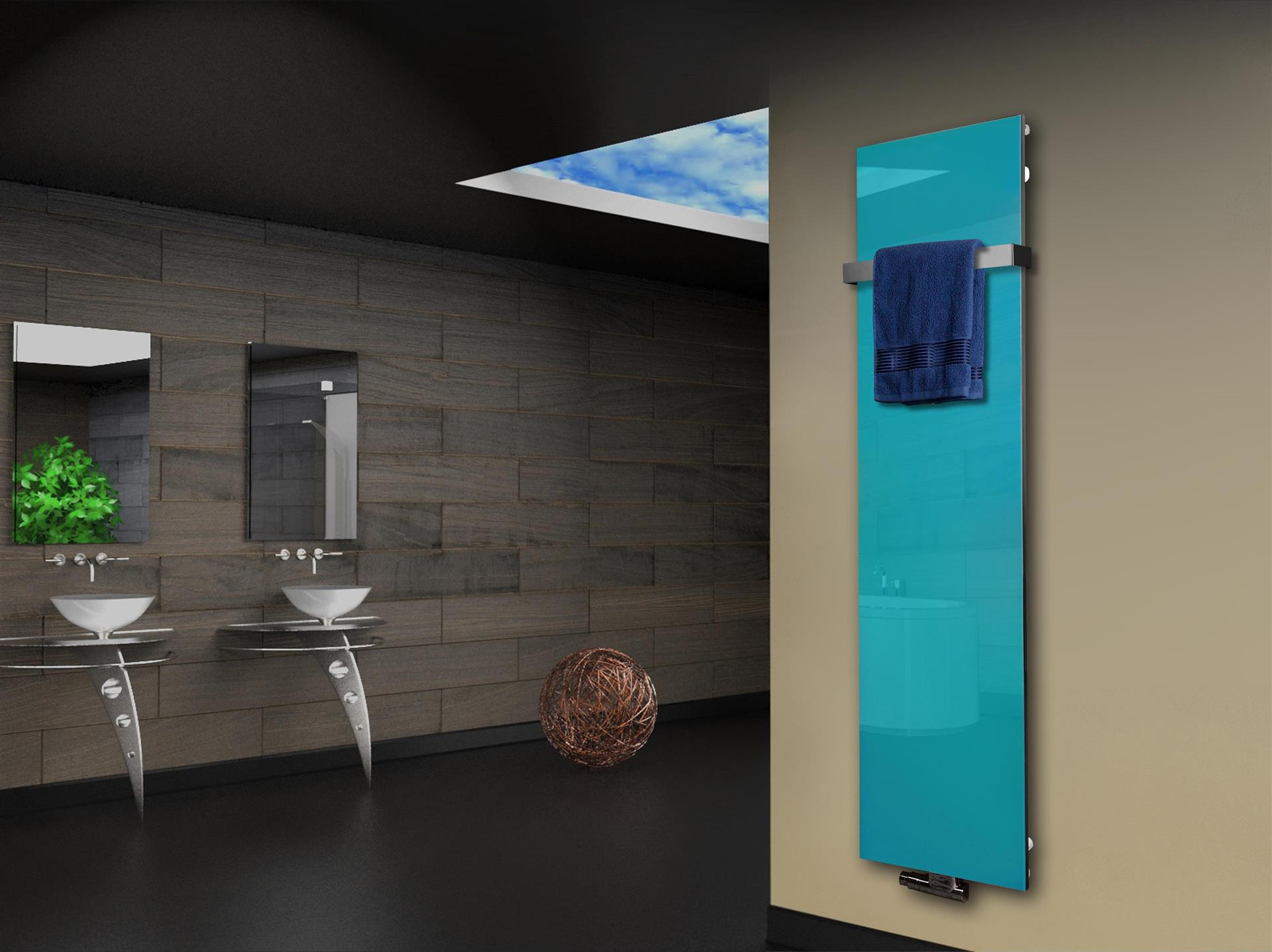 Badheizkörper mit Glas Design Montevideo 3 Glasfront 180x47cm 1118 Watt türkis +1 Halter 50mm SZAGATO Designheizkörper Mittelanschluss Handtuchwärmer