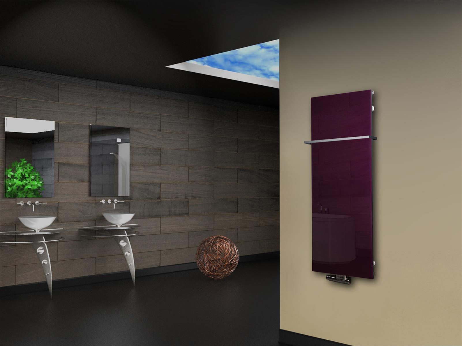 Badheizkörper mit Glas Design Montevideo 2 (Glasfront) 120x47cm 799 Watt violett (+1 Halter 15mm) SZAGATO Designheizkörper mit Mittelanschluss