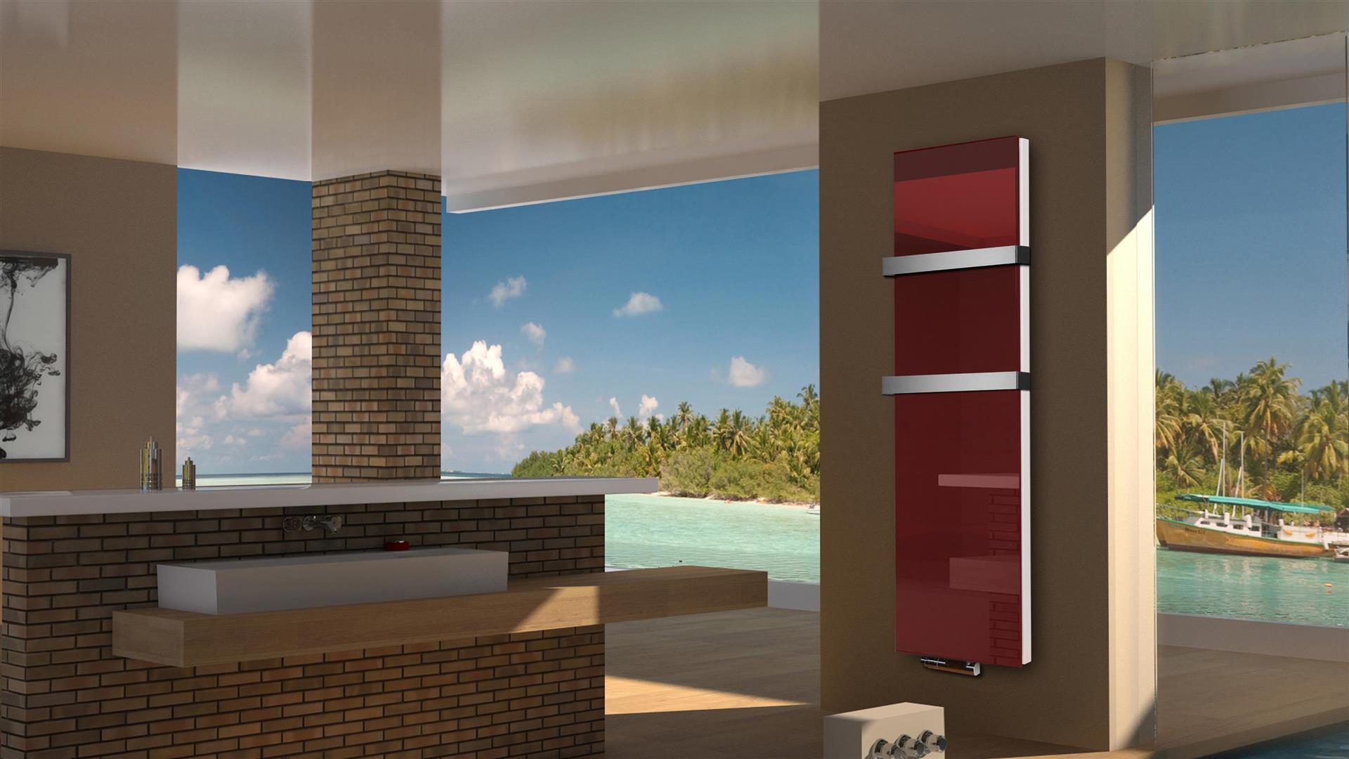 BADHEIZKÖRPER Glas Montevideo 6 Glasfront 180x47cm 1964 Watt rot + 2 Halter 50mm SZAGATO Designheizkörper Handtuchheizkörper mit Mittelanschluss