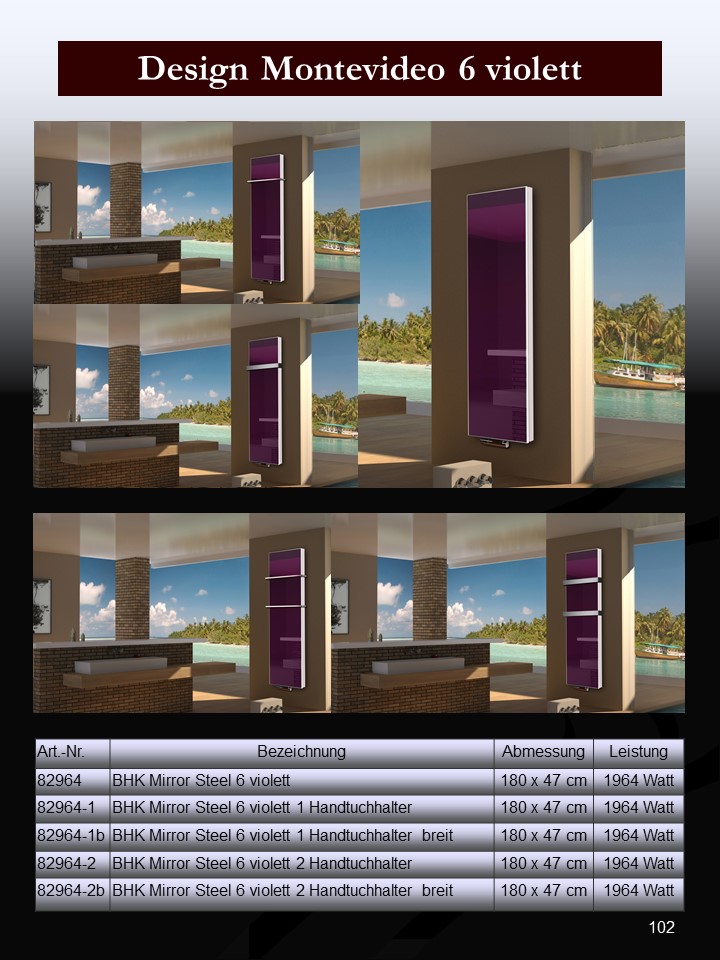BADHEIZKÖRPER mit Glas Montevideo 6 Glasfront 180x47cm 1964 Watt violett +1 Halter 15mm SZAGATO Designheizkörper Handtuchheizkörper Mittelanschluss