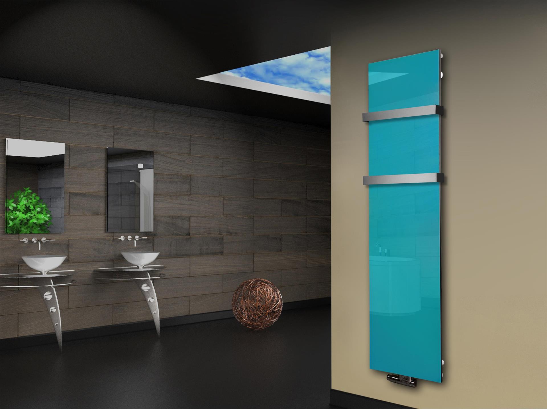 Badheizkörper mit Glas Design Montevideo 3 Glasfront 180x47cm 1118 Watt türkis +2 Halter 50mm SZAGATO Designheizkörper Mittelanschluss Handtuchwärmer