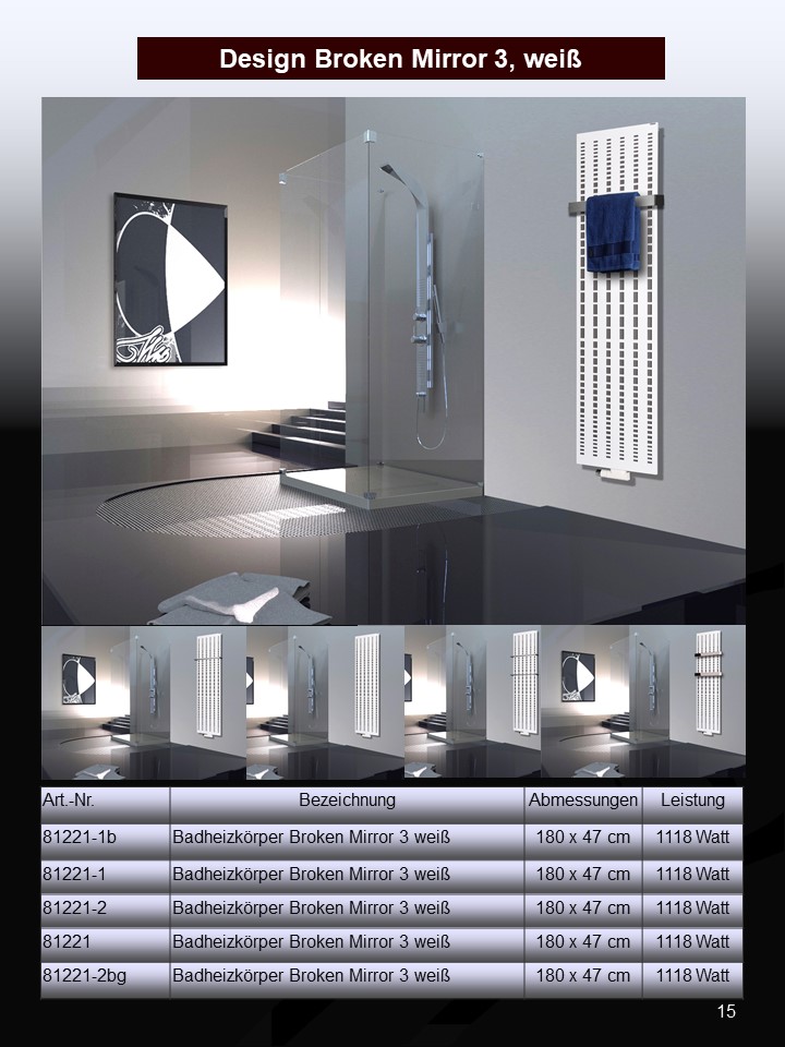 BADHEIZKÖRPER Design broken Mirror 3 180x47cm 1118Watt weiß +2 Halter 50mm SZAGATO Designheizkörper Handtuchheizkörper Mittelanschluss Handtuchwärmer