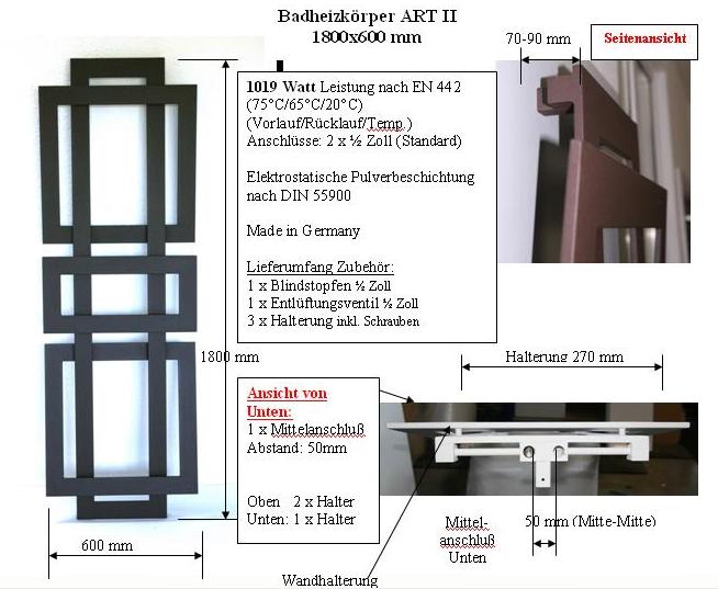 BADHEIZKÖRPER Design ART II, (breite Version) 180x60cm, 1019 Watt, braun / Marke: SZagato Bad und Wohnraum-Heizkörper (Mittelanschluss) BADHEIZKÖRPER Design ART II, (breite Version) 180x60cm, 1019 Watt, braun / Marke: SZagato Bad und Wohnraum-Heizkörper (Mittelanschluss)