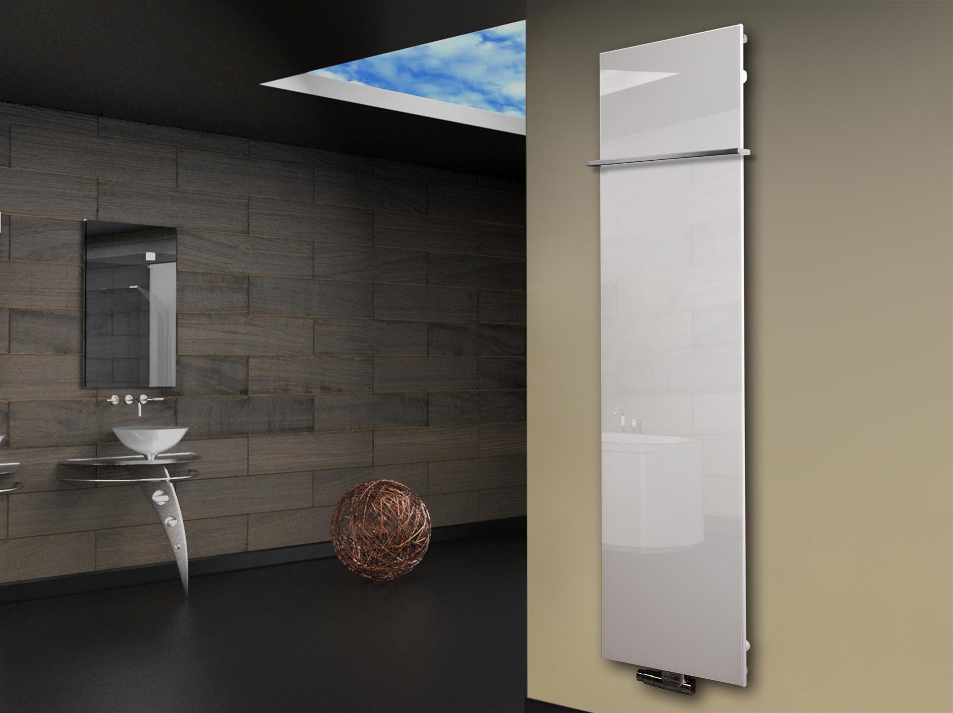 Badheizkörper mit Glas Design Montevideo 3 (Glasfront) 180x47cm 1118 Watt weiß +1 Halter 15mm SZAGATO Designheizkörper Mittelanschluss Handtuchwärmer