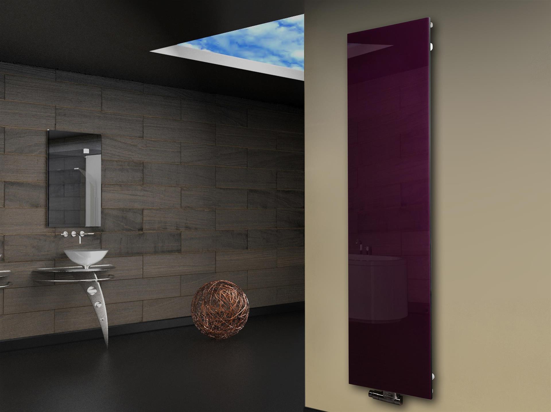 Badheizkörper mit Glas Design Montevideo 3 Glasfront 180x47cm 1118 Watt violett SZAGATO Design Handtuchheizkörper mit Mittelanschluss Handtuchwärmer