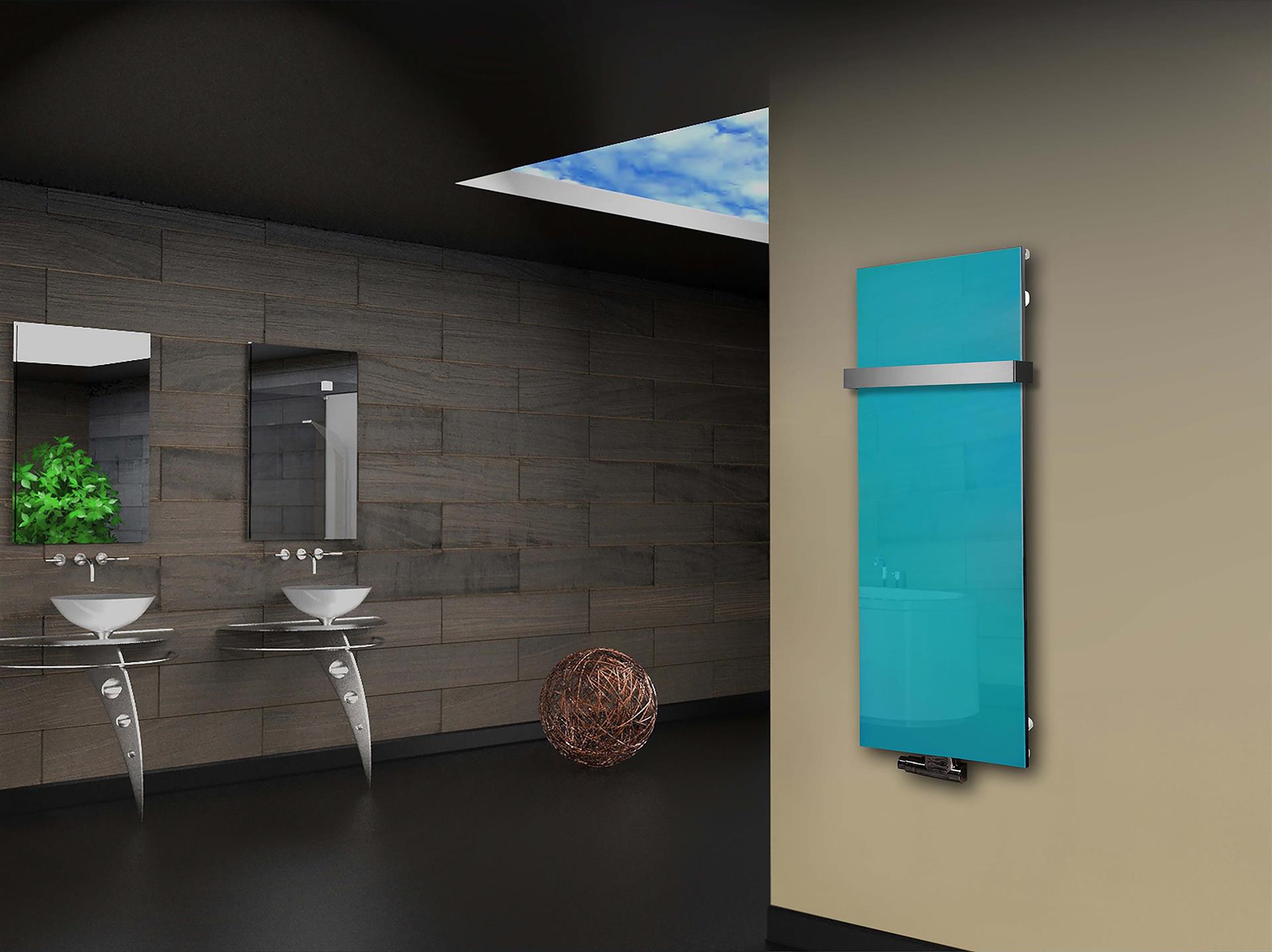 Badheizkörper mit Glas Design Montevideo 2 Glasfront 120x47cm 799 Watt türkis +1 Halter 50mm SZAGATO Designheizkörper Mittelanschluss Handtuchwärmer