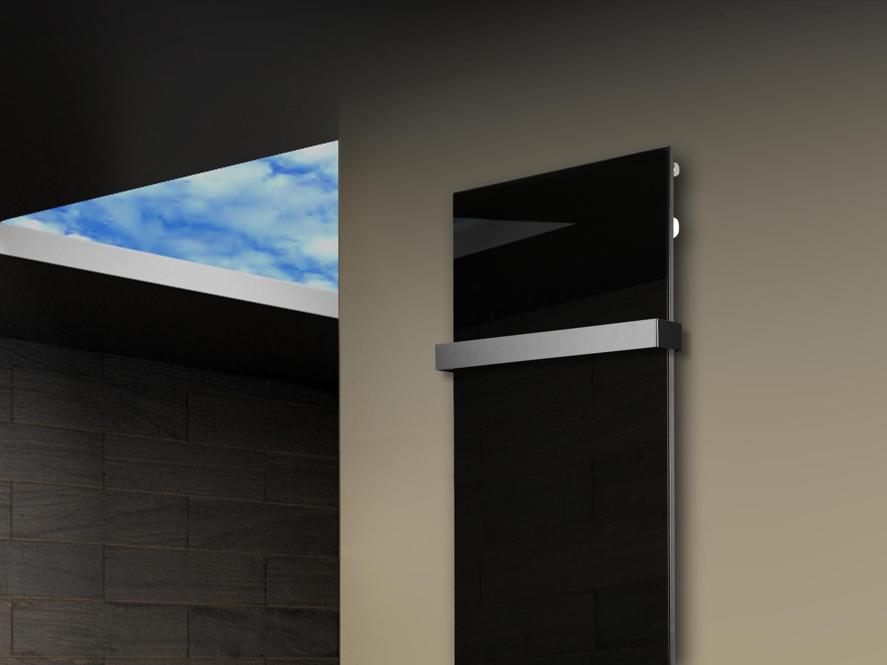 Badheizkörper mit Glas Design Montevideo 3 Glasfront 180x47cm 1118 Watt schwarz (+1 Halter 50mm) SZAGATO Designheizkörper mit Mittelanschluss
