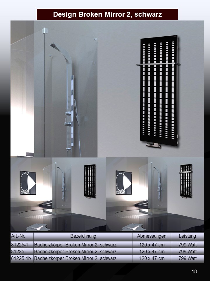BADHEIZKÖRPER Design broken Mirror 2 120x47cm 799 Watt schwarz (+1 Halter 15mm) SZAGATO Designheizkörper Handtuchheizkörper mit Mittelanschluss