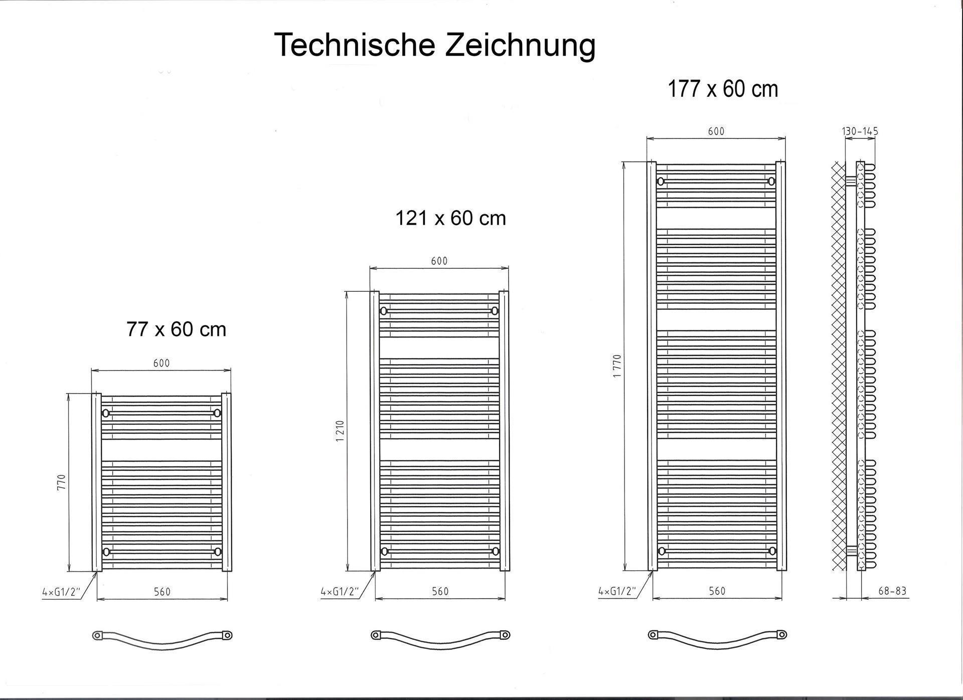 BADHEIZKÖRPER Design Mannheim 3 177x60cm 1471 Watt Edelstahloptik SZAGATO Handtuchheizkörper mit Seitenanschluss Handtuchwärmer mit Seitenanschluss