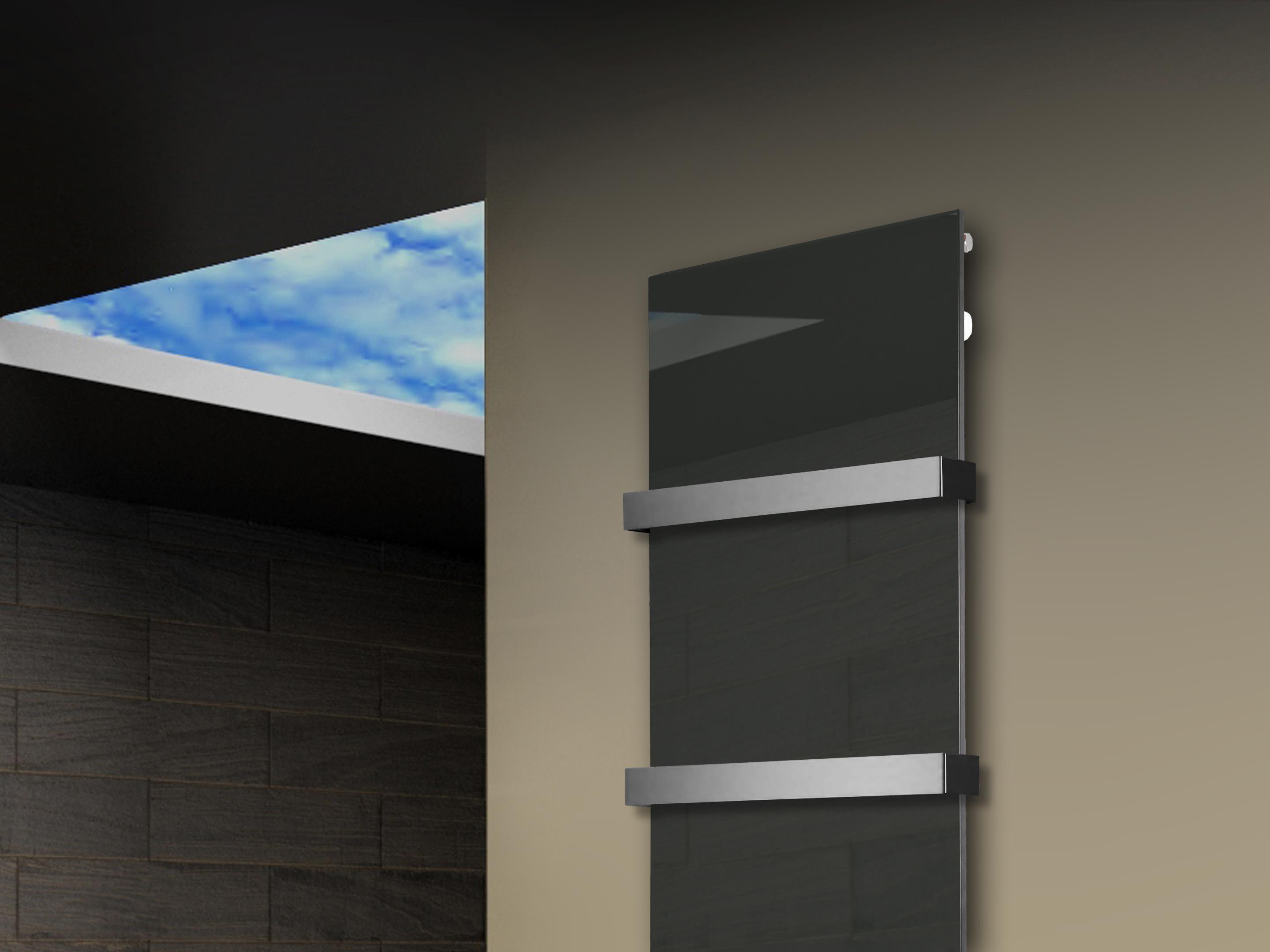 Badheizkörper mit Glas Design Montevideo 3 (Glasfront) 180x47cm 1118 Watt anthrazit - moon (+2 Halter 50mm) SZAGATO Designheizkörper Mittelanschluss