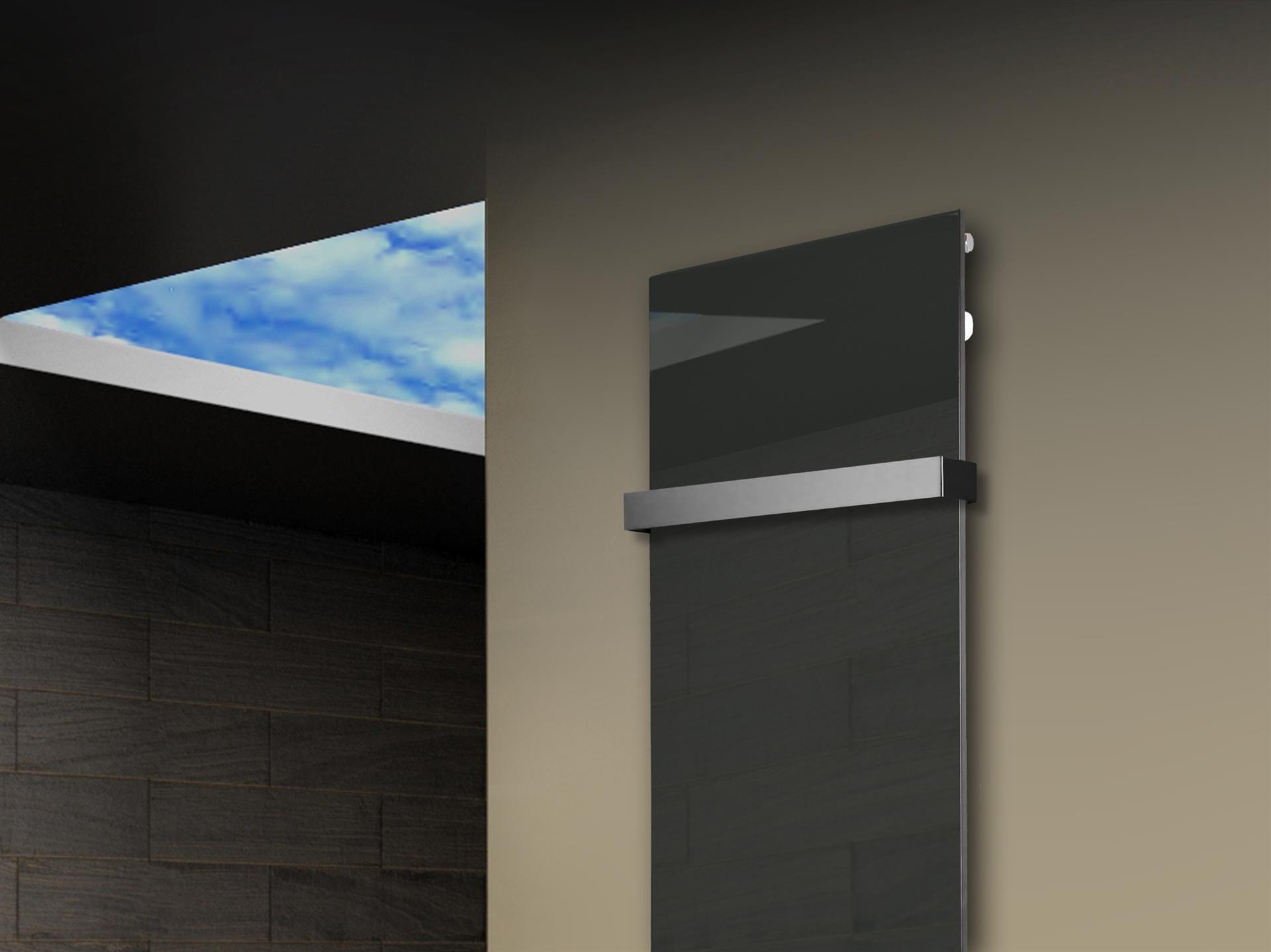 Badheizkörper mit Glas Design Montevideo 3 Glasfront 180x47cm 1118 Watt anthrazit - moon +1 Halter 50mm SZAGATO Designheizkörper mit Mittelanschluss