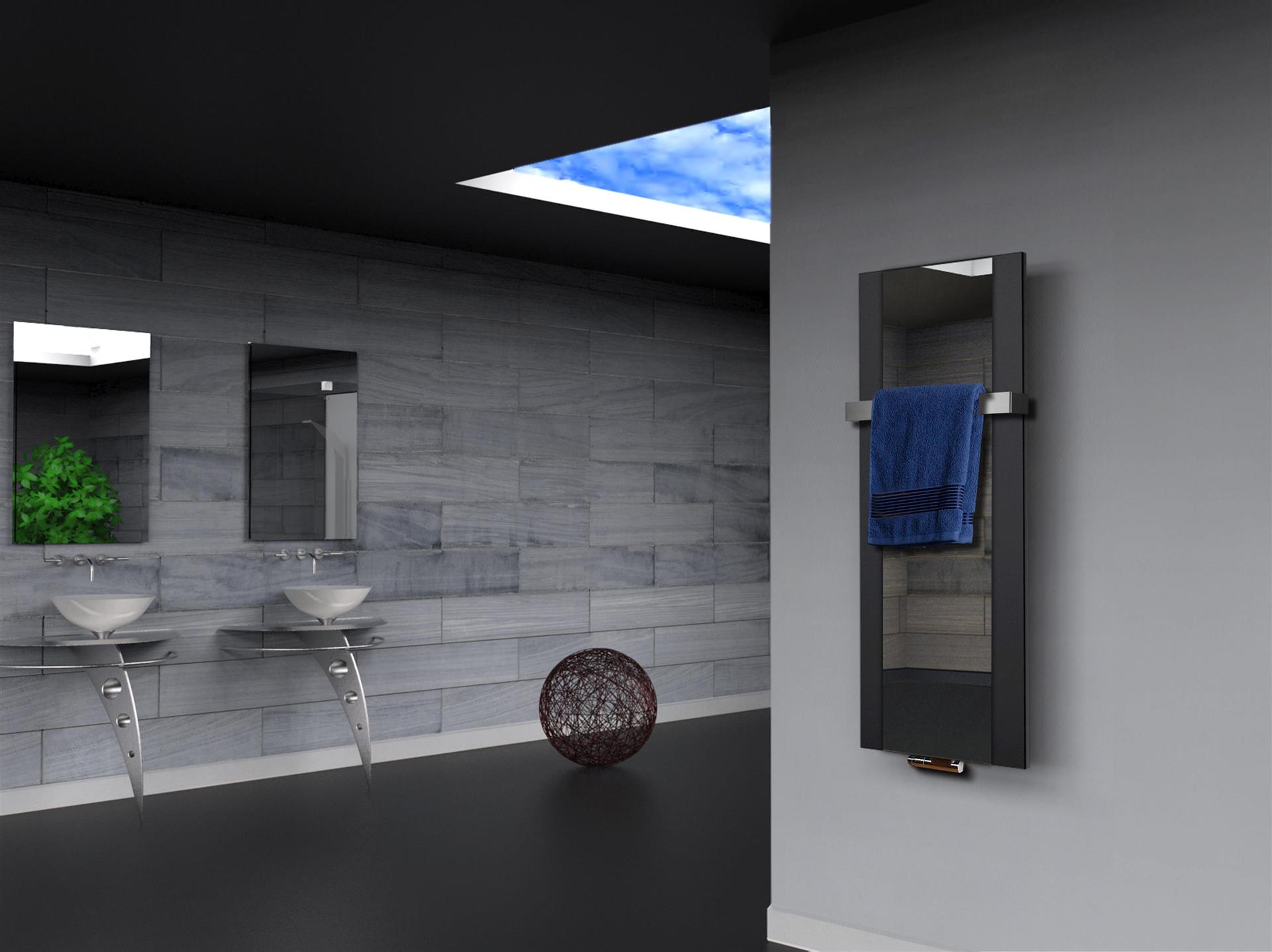 BADHEIZKÖRPER mit Spiegel Design Singapur 2 120x47cm 799 Watt schwarz  (+1 Halter 50mm) SZAGATO Designheizkörper mit Mittelanschluss Handtuchwärmer