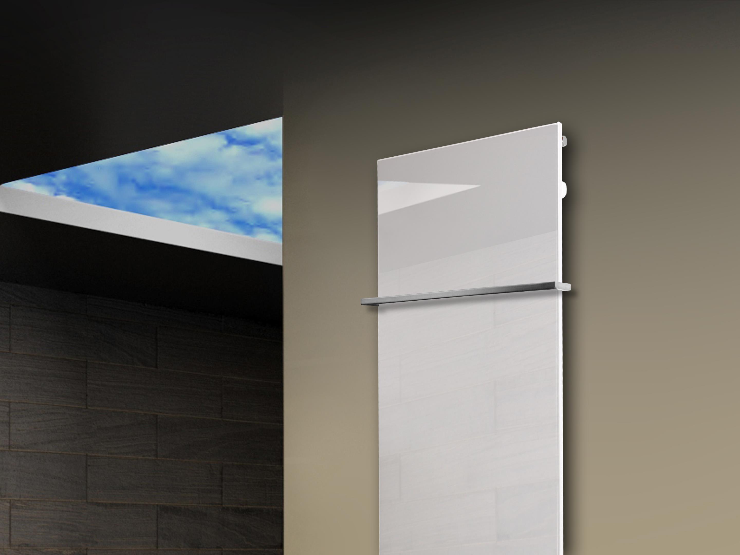 Badheizkörper mit Glas Design Montevideo 3 (Glasfront) 180x47cm 1118 Watt weiß +1 Halter 15mm SZAGATO Designheizkörper Mittelanschluss Handtuchwärmer