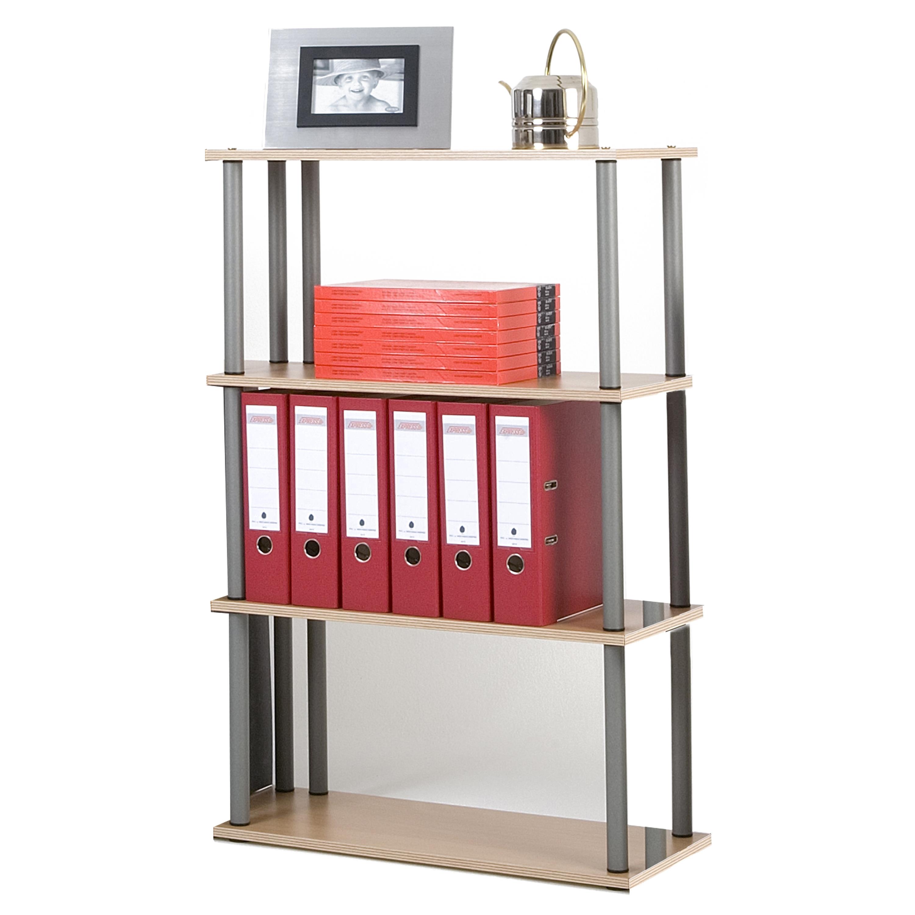 Wohnzimmerregal Bücherregal SZAGATO 108x69x30cm Buche Stahlrohr silber 4 Böden Made in Germany Ordnerregal Wohnregal Büroregal Holzregal #1