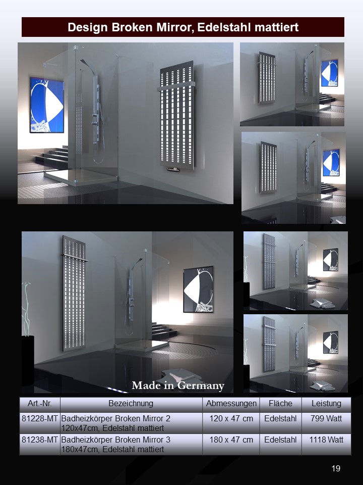 BADHEIZKÖRPER Design broken Mirror 2 120x47cm 799 Watt Edelstahl matt (+1 Halter 15mm) SZAGATO Designheizkörper mit Mittelanschluss Handtuchwärmer