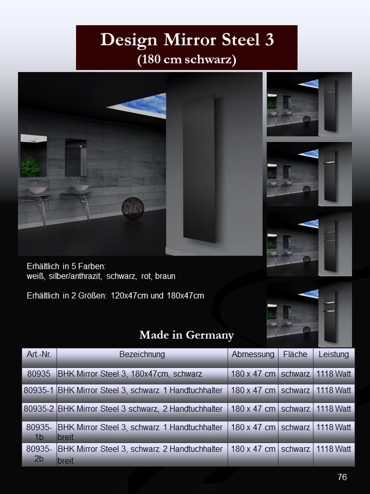 BADHEIZKÖRPER Design Mirror Steel 3 180x47cm 1118 Watt schwarz (+2 Halter 30mm) SZAGATO Designheizkörper Handtuchheizkörper mit Mittelanschluss