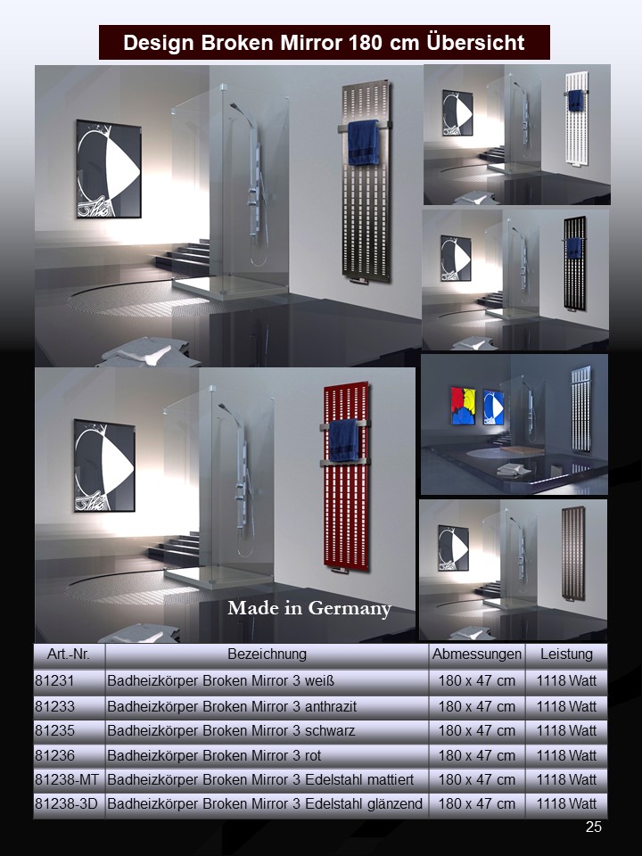 BADHEIZKÖRPER Design broken Mirror 3 180x47cm 1118 Watt Edelstahl 3D poliert (+1 Halter 15mm) SZAGATO Designheizkörper Mittelanschluss Handtuchwärmer
