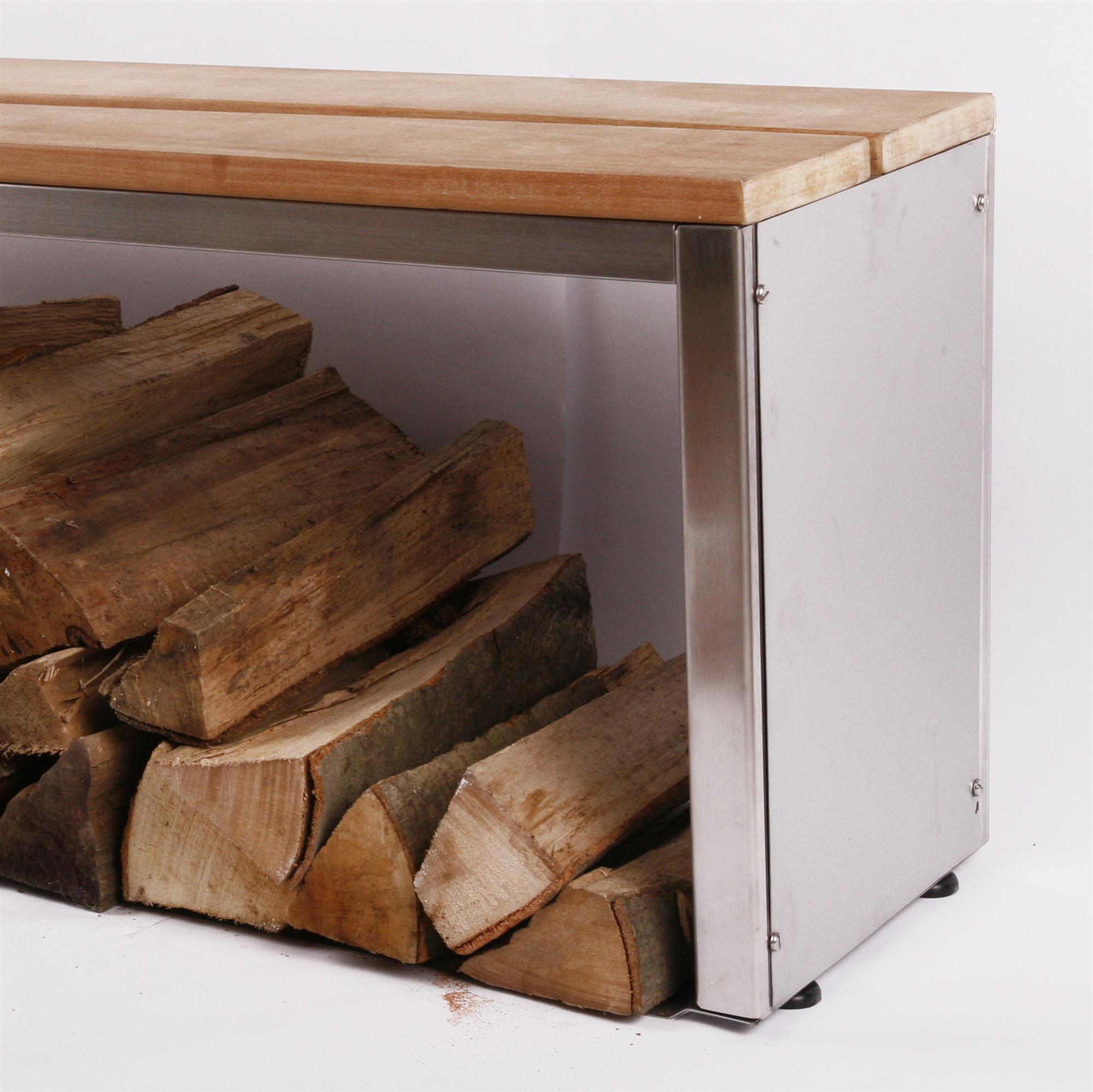 Sitzbank mit Holzlager 200x30cm, Edelstahl (Holzlagerbank, Bank mit Kaminholz / Brennnholz) 