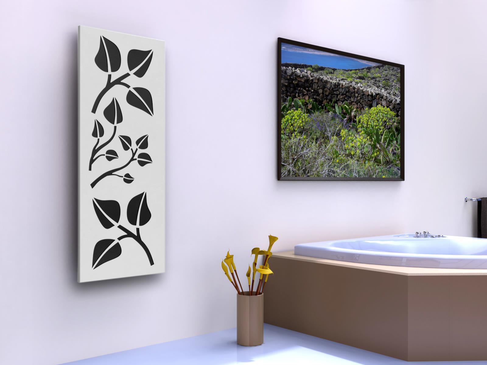 Badheizkörper mit LED Design Leaves 2 120x47cm 799 Watt weiß SZAGATO Designheizkörper Handtuchheizkörper mit Mittelanschluss Handtuchwärmer