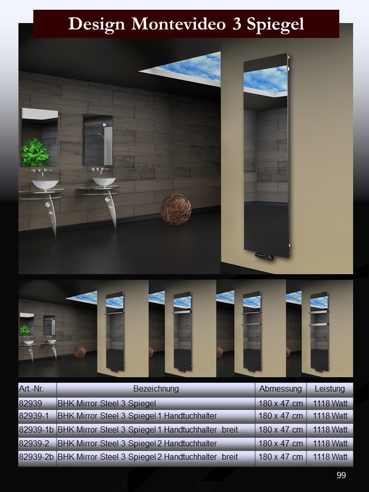 Badheizkörper mit Spiegel Design Montevideo 3 (Spiegelfront) 180x47cm 1118 Watt (+2 Halter 50mm) SZAGATO Designheizkörper mit Mittelanschluss